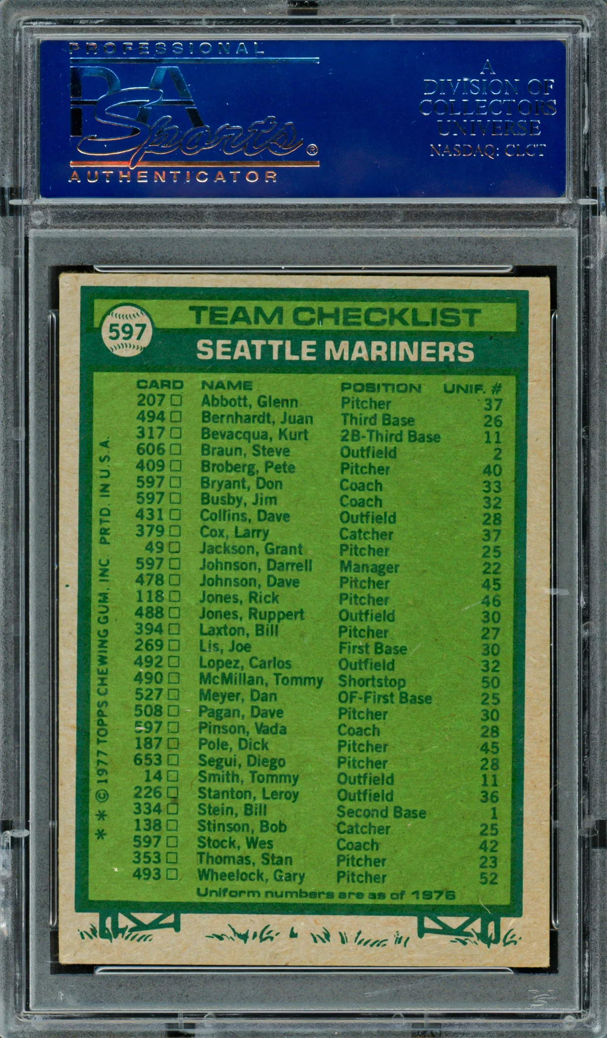 Seattle Mariner Coaches Autographed 1977 Topps Card #597 Seattle Mariners (Signed By All 5) PSA/DNA #83300203 - Image 2