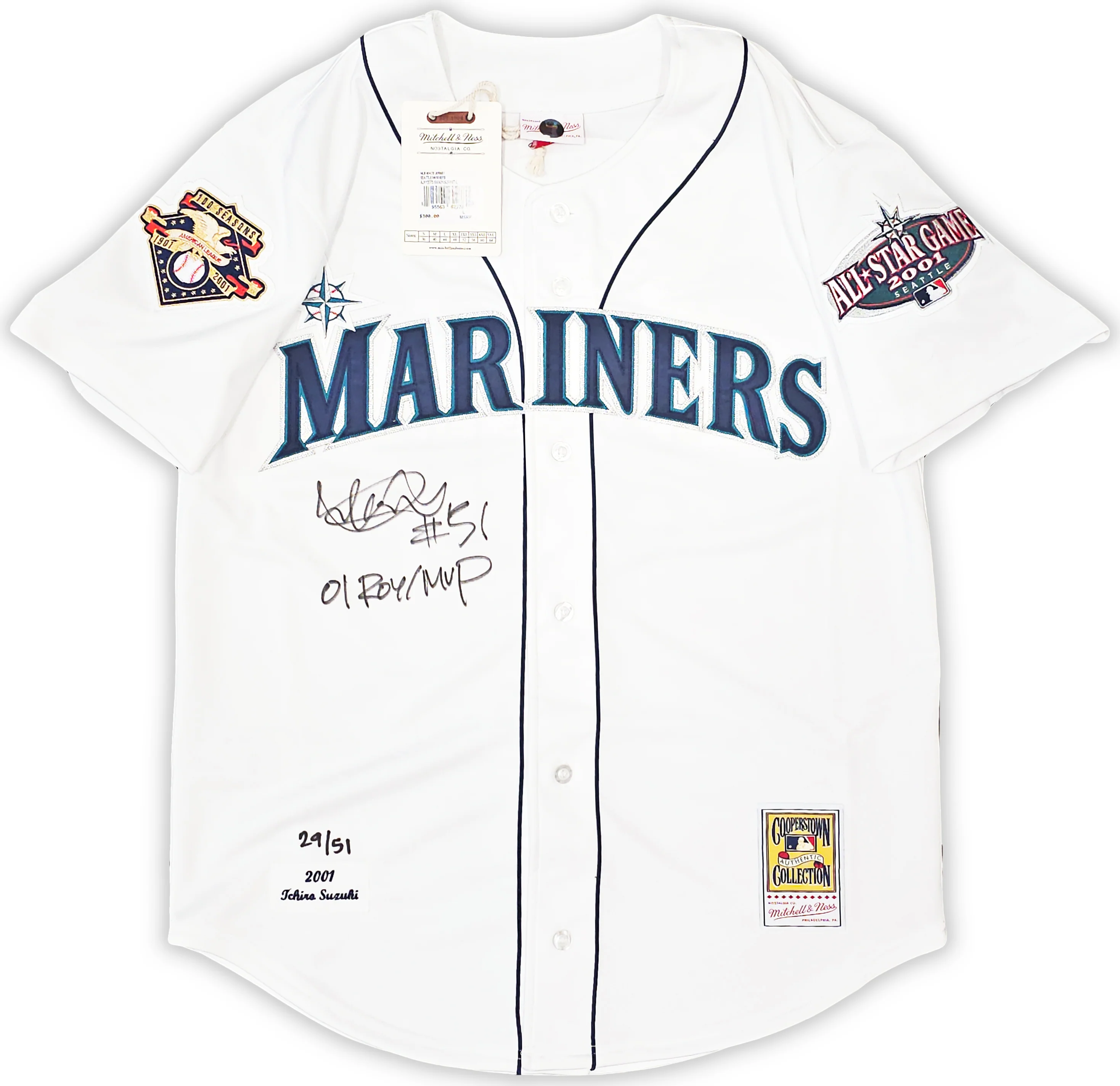 Seattle Mariners Ichiro Suzuki Autographed White Authentic Mitchell & Ness 2001 All Star Patch Jersey Size 44 "01 ROY/MVP" IS Holo Stock #217973 - Image 2