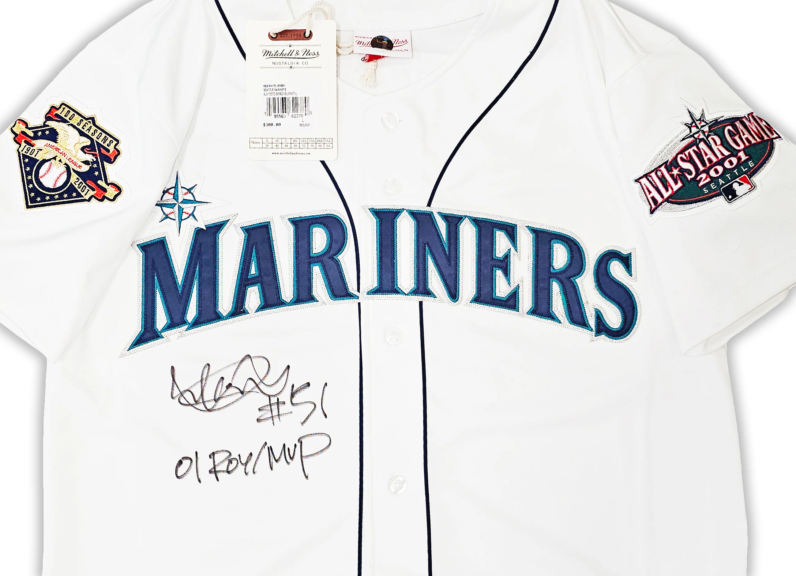 Seattle Mariners Ichiro Suzuki Autographed White Authentic Mitchell & Ness 2001 All Star Patch Jersey Size 44 "01 ROY/MVP" IS Holo Stock #217973 - Image 3