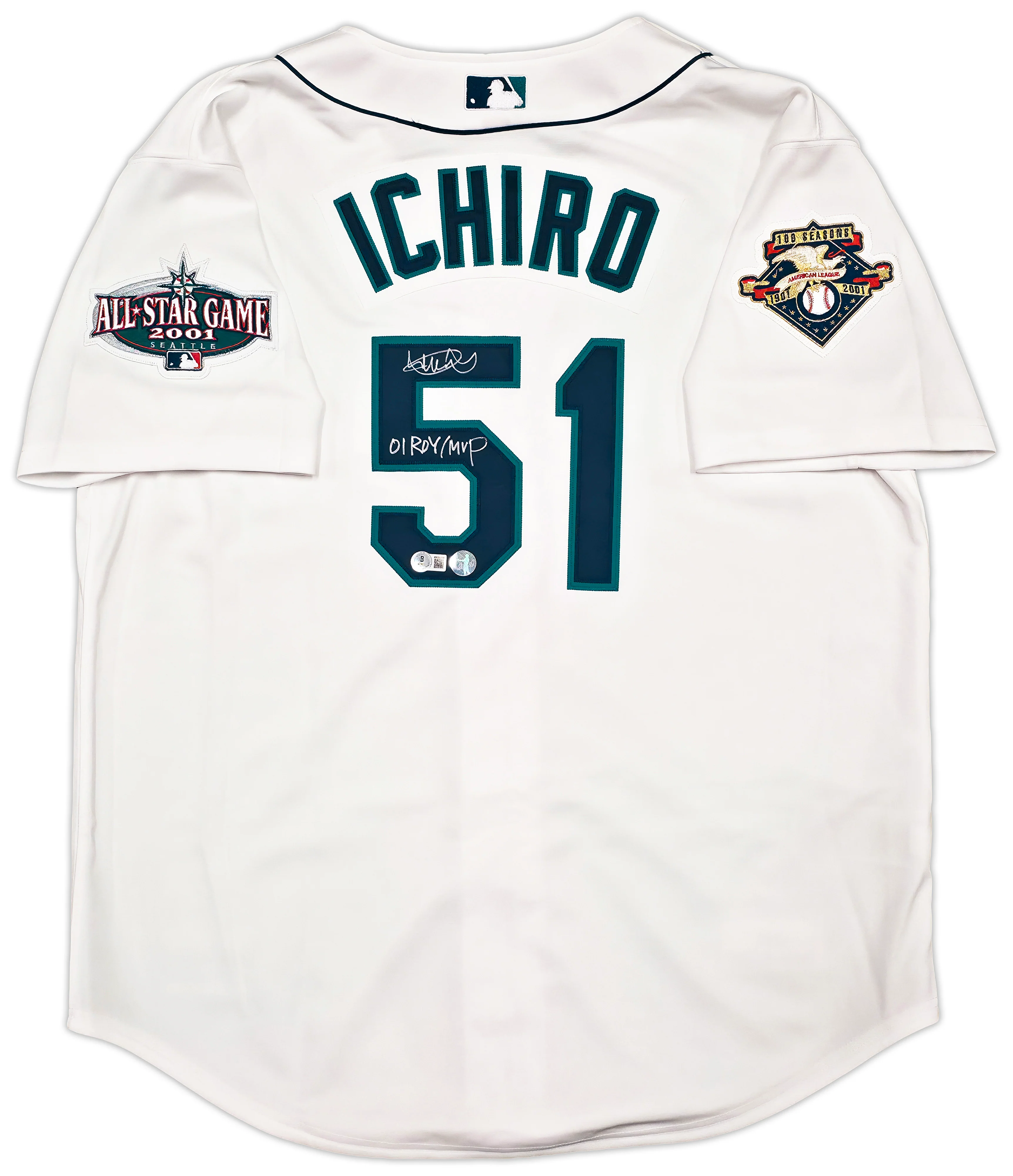 Seattle Mariners Ichiro Suzuki Autographed White Authentic Mitchell & Ness Cooperstown Authentic Collection 2001 ASG Patch Rookie Jersey Size 44 "01 ROY/MVP" IS Holo & Beckett BAS Witness Stock #256853 - Image 2