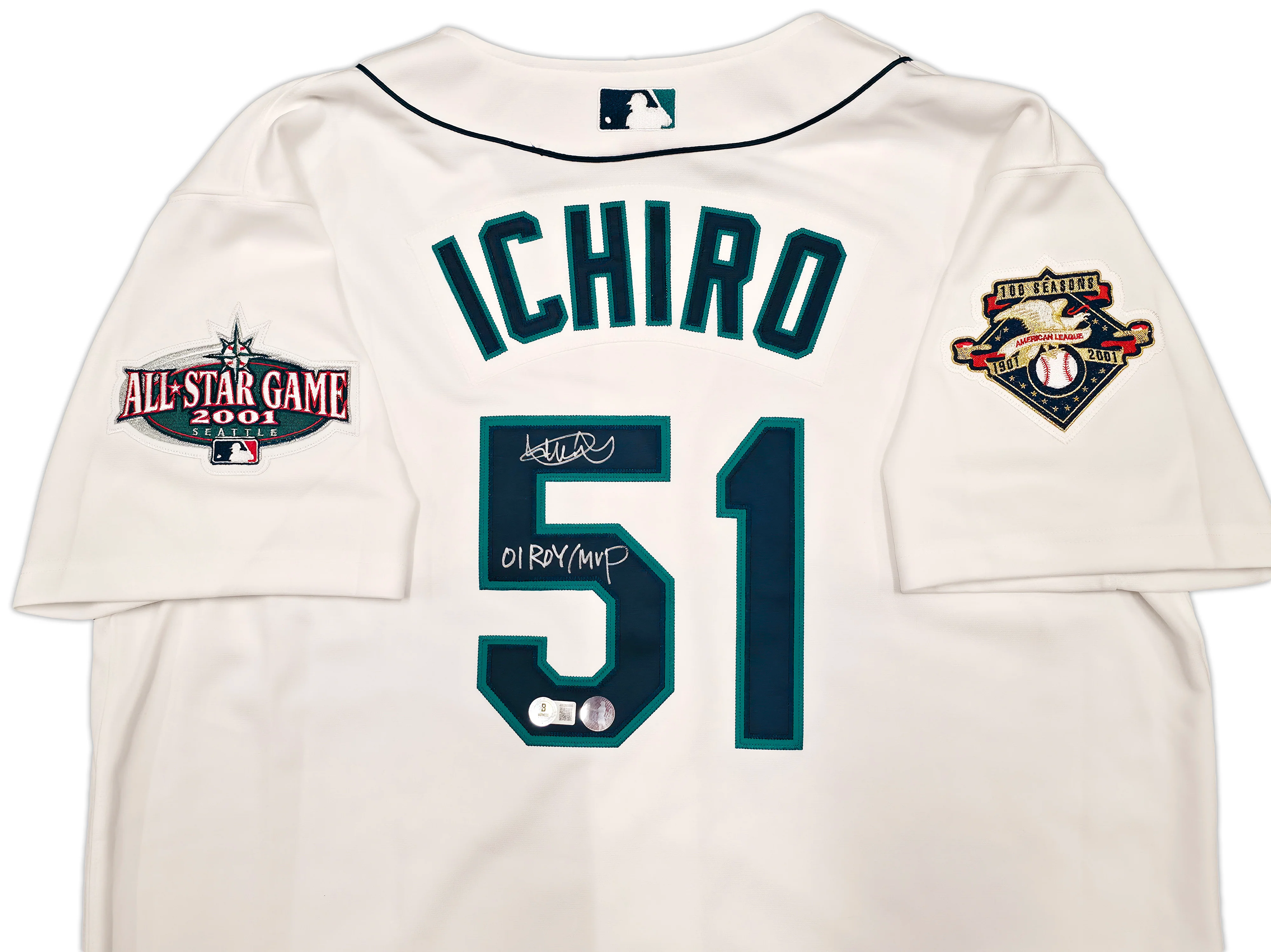Seattle Mariners Ichiro Suzuki Autographed White Authentic Mitchell & Ness Cooperstown Authentic Collection 2001 ASG Patch Rookie Jersey Size 44 "01 ROY/MVP" IS Holo & Beckett BAS Witness Stock #256853 - Image 3