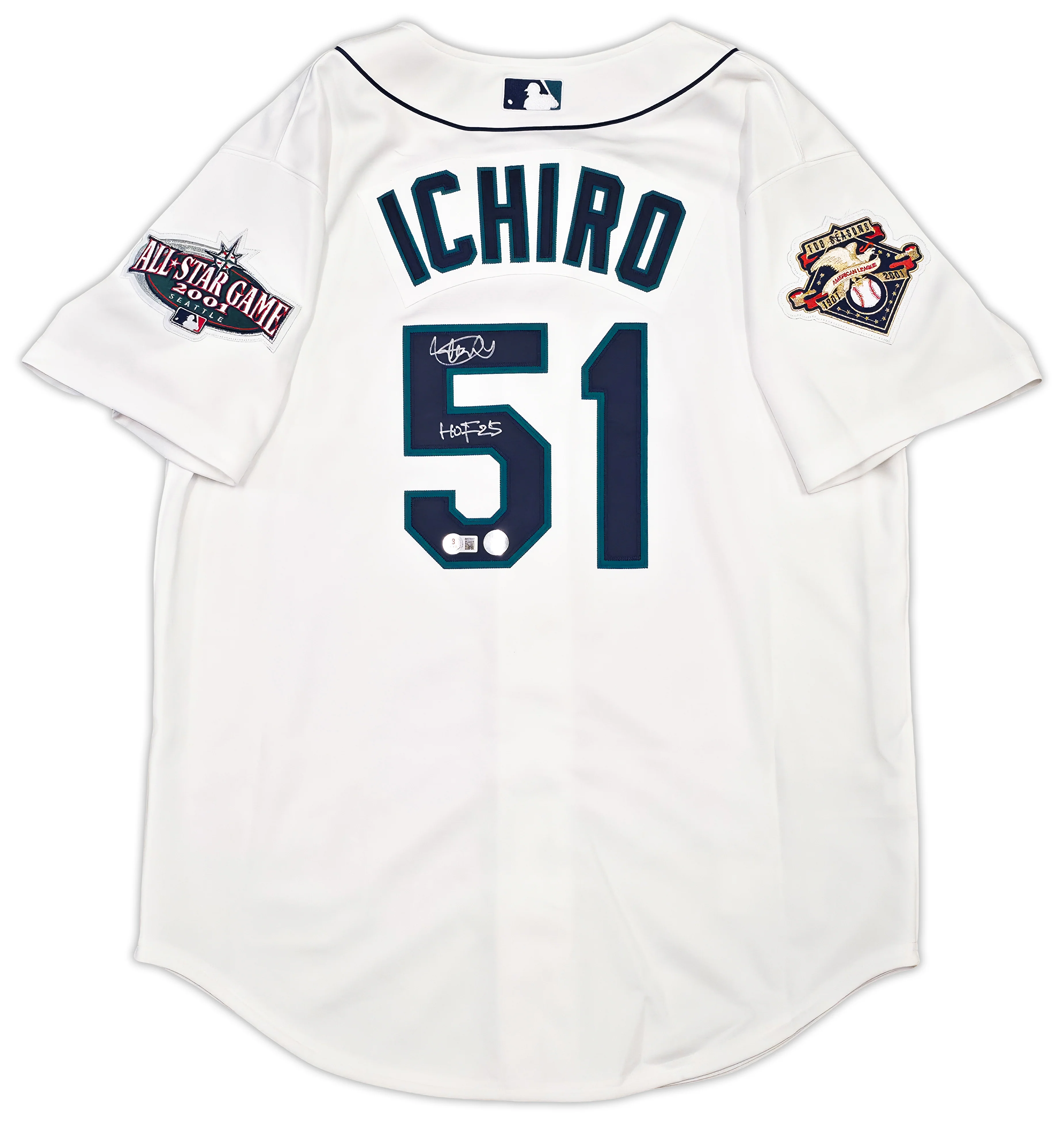 Seattle Mariners Ichiro Suzuki Autographed White Authentic Mitchell & Ness Cooperstown Authentic Collection 2001 ASG Patch Rookie Jersey Size 44 "HOF 25" IS Holo & Beckett BAS Witness Stock #256856 - Image 2