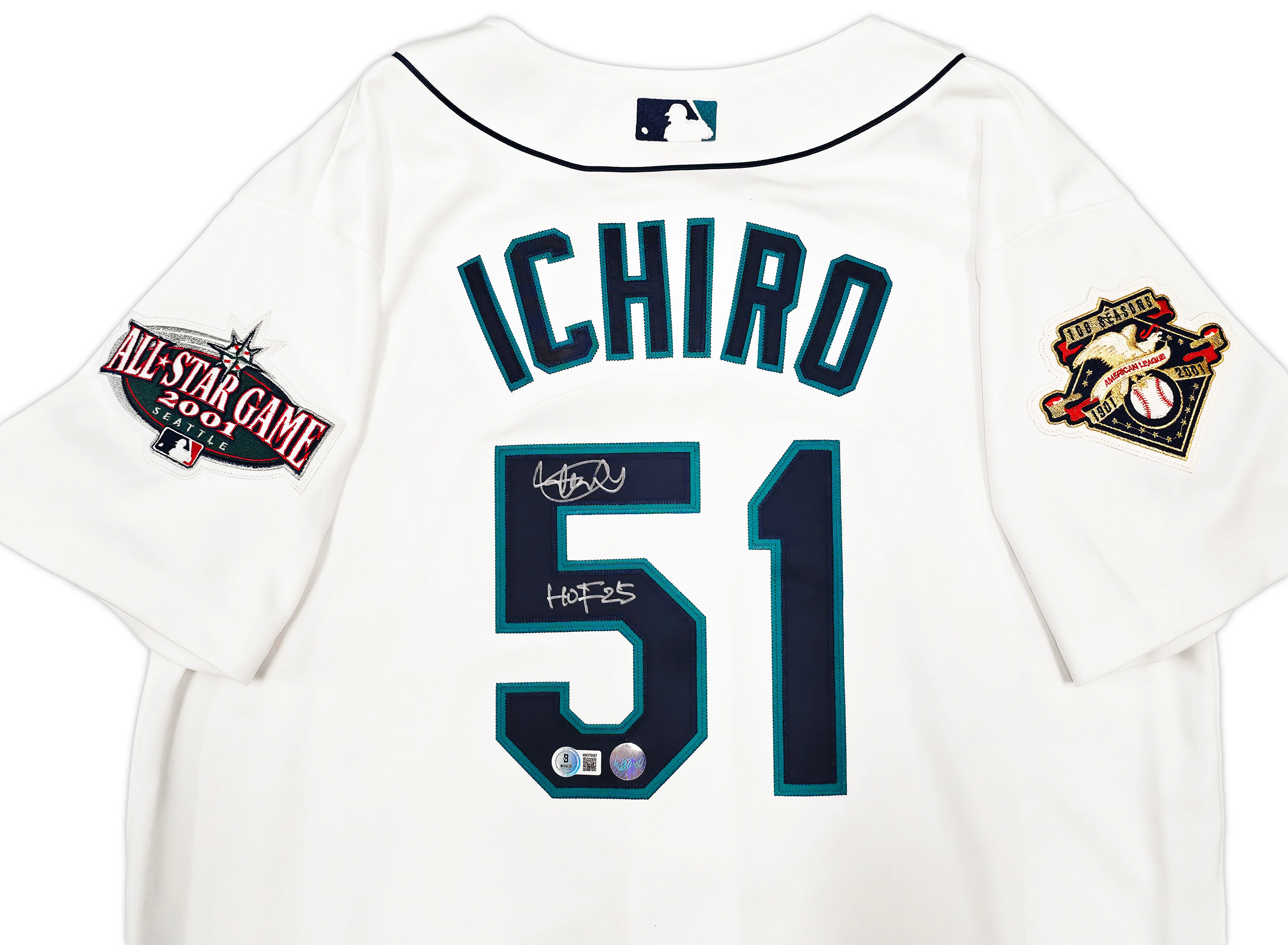 Seattle Mariners Ichiro Suzuki Autographed White Authentic Mitchell & Ness Cooperstown Authentic Collection 2001 ASG Patch Rookie Jersey Size 44 "HOF 25" IS Holo & Beckett BAS Witness Stock #256856 - Image 3