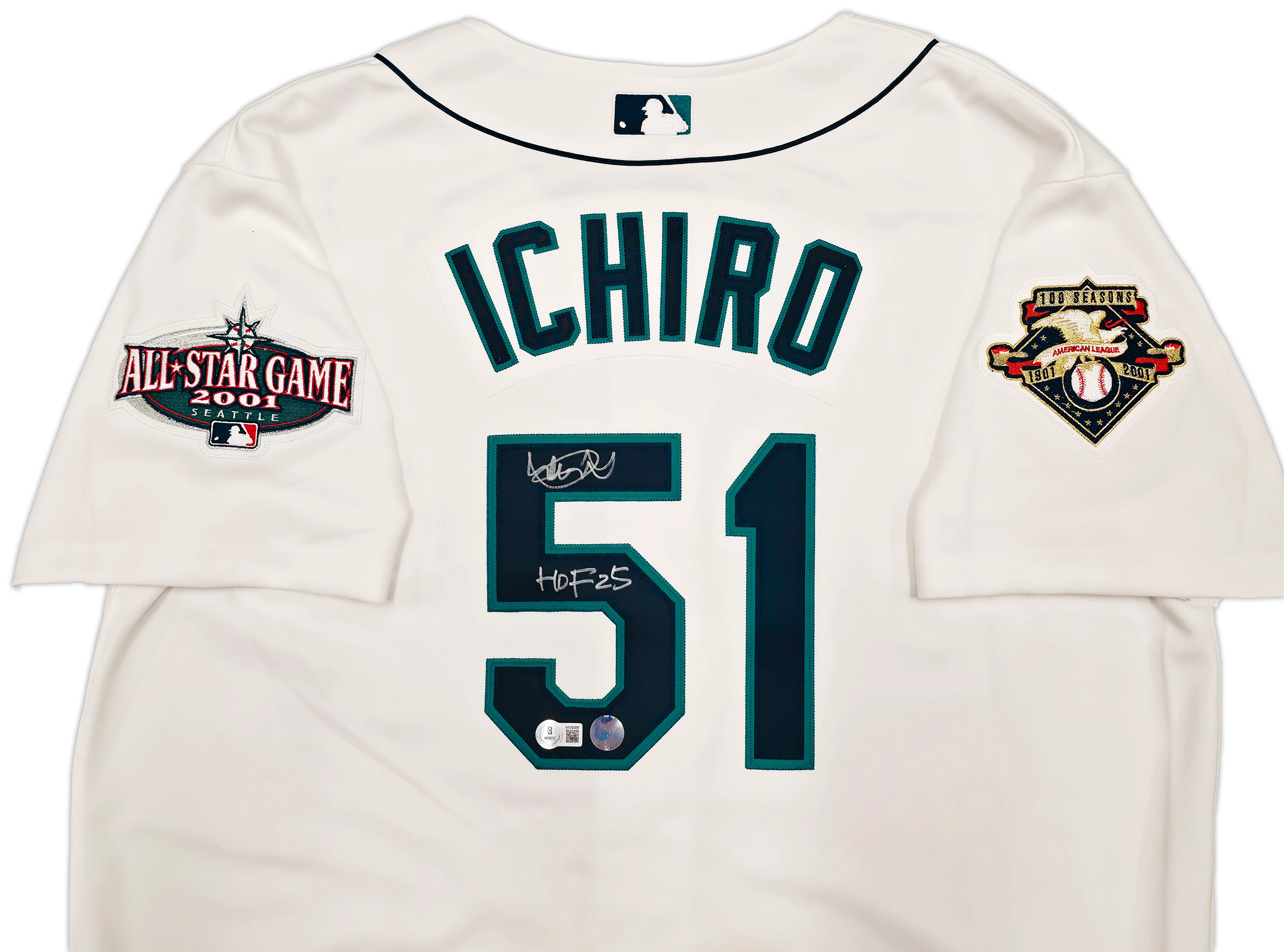 Seattle Mariners Ichiro Suzuki Autographed White Authentic Mitchell & Ness Cooperstown Authentic Collection 2001 ASG Patch Rookie Jersey Size 48 "HOF 25" IS Holo & Beckett BAS Witness Stock #256855 - Image 3