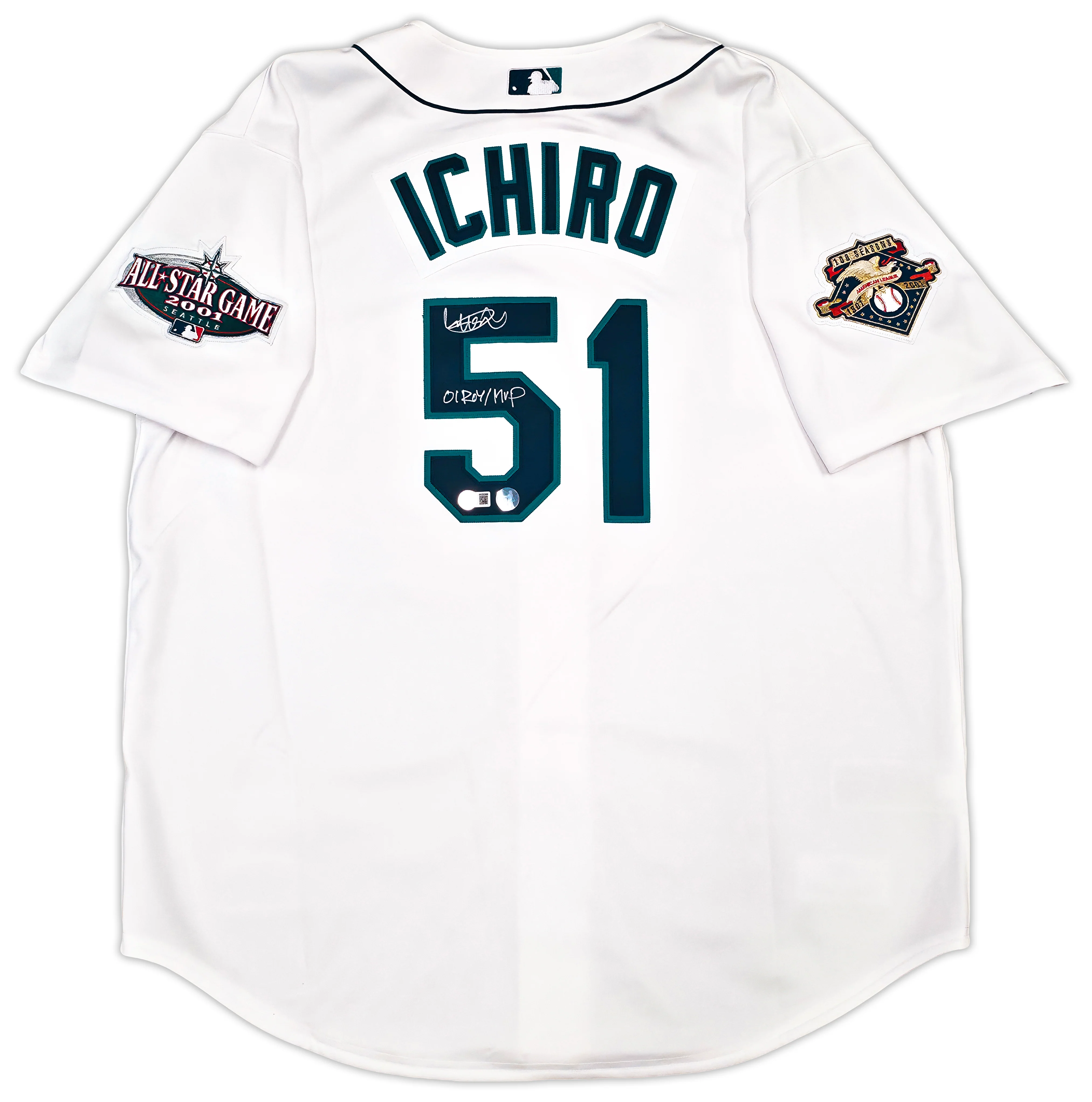 Seattle Mariners Ichiro Suzuki Autographed White Authentic Mitchell & Ness Cooperstown Authentic Collection 2001 ASG Patch Rookie Jersey Size 52 "01 ROY/MVP" IS Holo & Beckett BAS Witness Stock #256851 - Image 2
