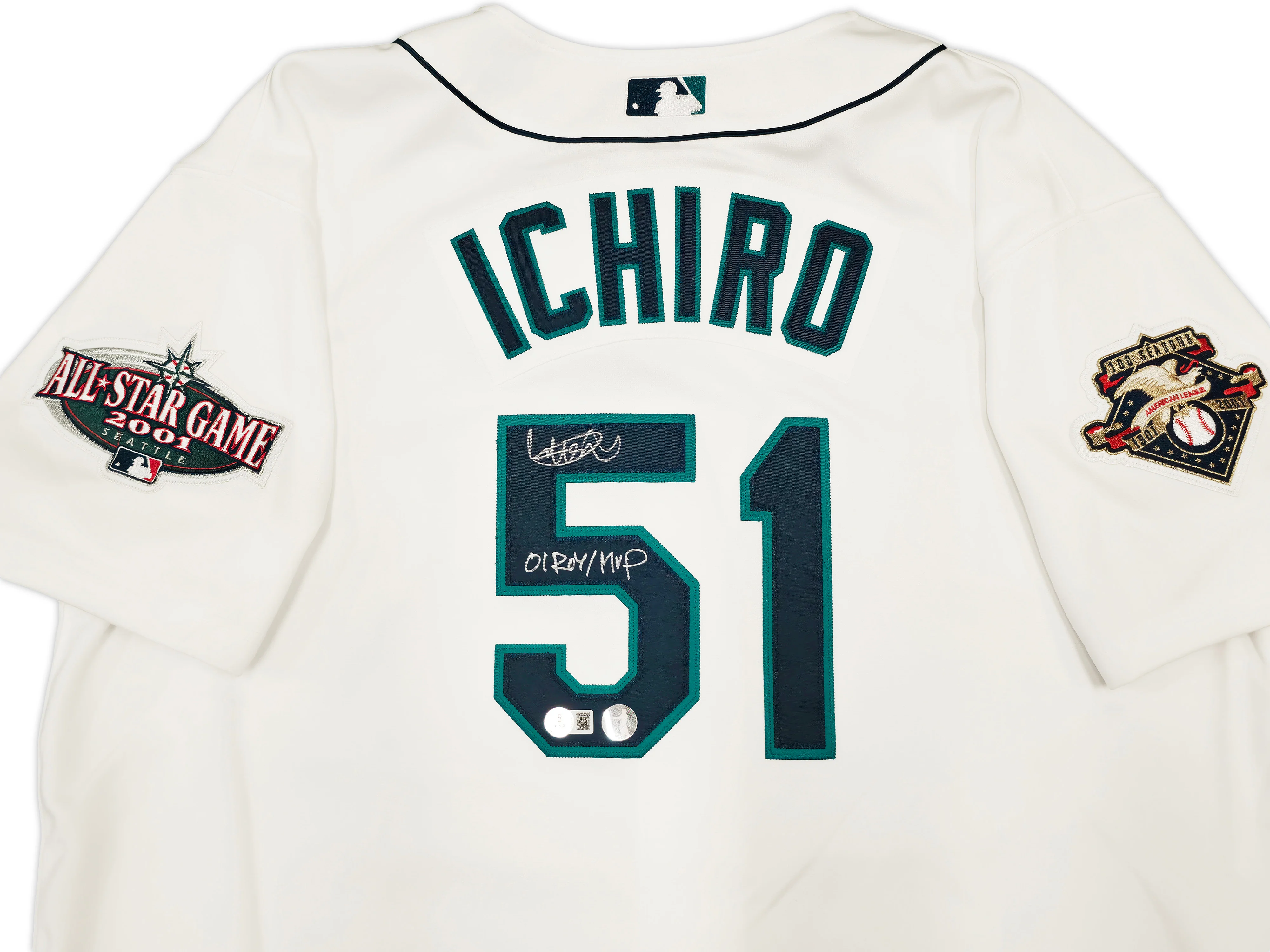 Seattle Mariners Ichiro Suzuki Autographed White Authentic Mitchell & Ness Cooperstown Authentic Collection 2001 ASG Patch Rookie Jersey Size 52 "01 ROY/MVP" IS Holo & Beckett BAS Witness Stock #256851 - Image 3