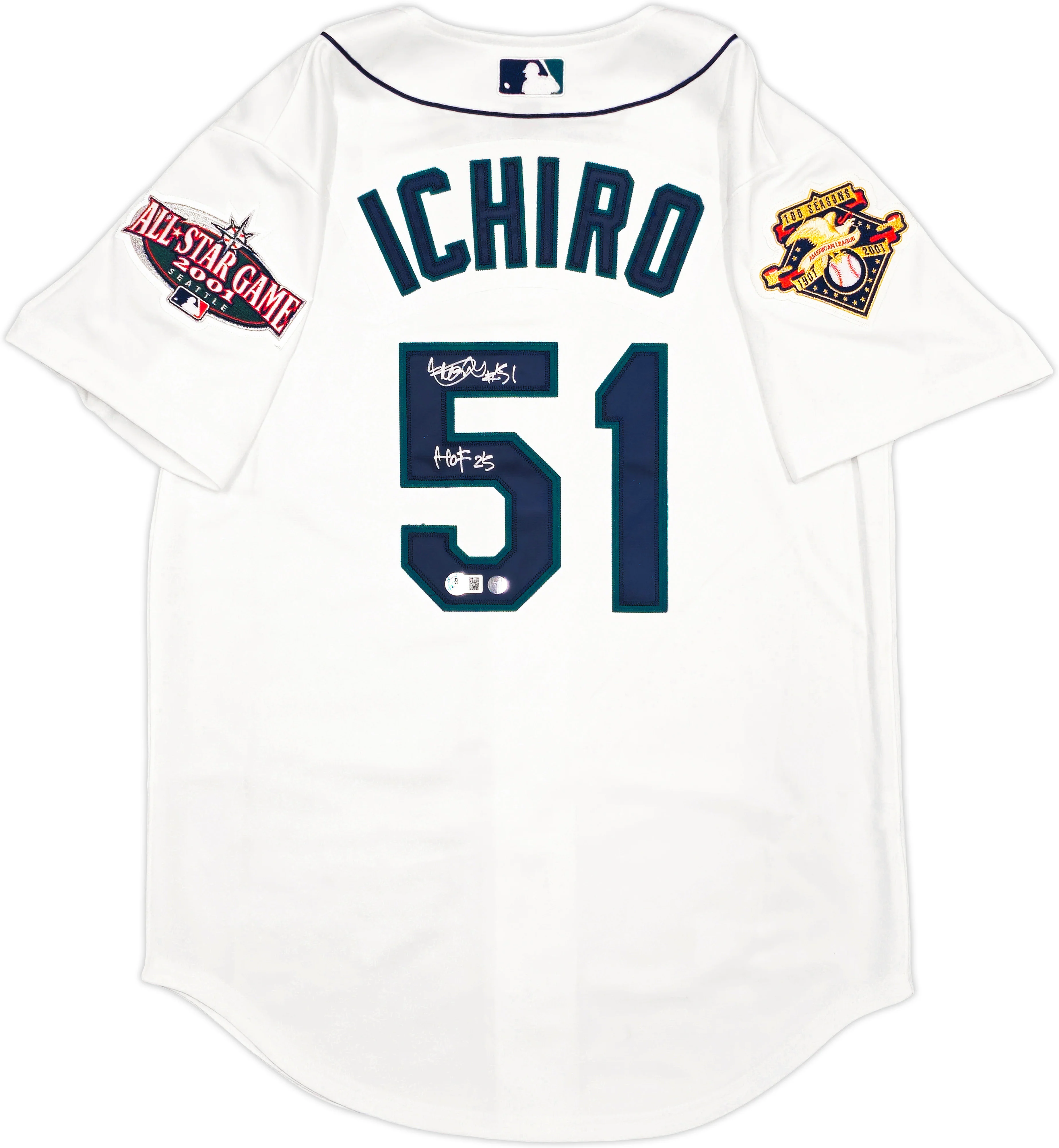 Seattle Mariners Ichiro Suzuki Autographed White Mitchell & Ness 2001 All Star Game Patch Rookie Year Jersey Size 40 "HOF 25" IS Holo & Beckett BAS Witness QR Stock #238314 - Image 2