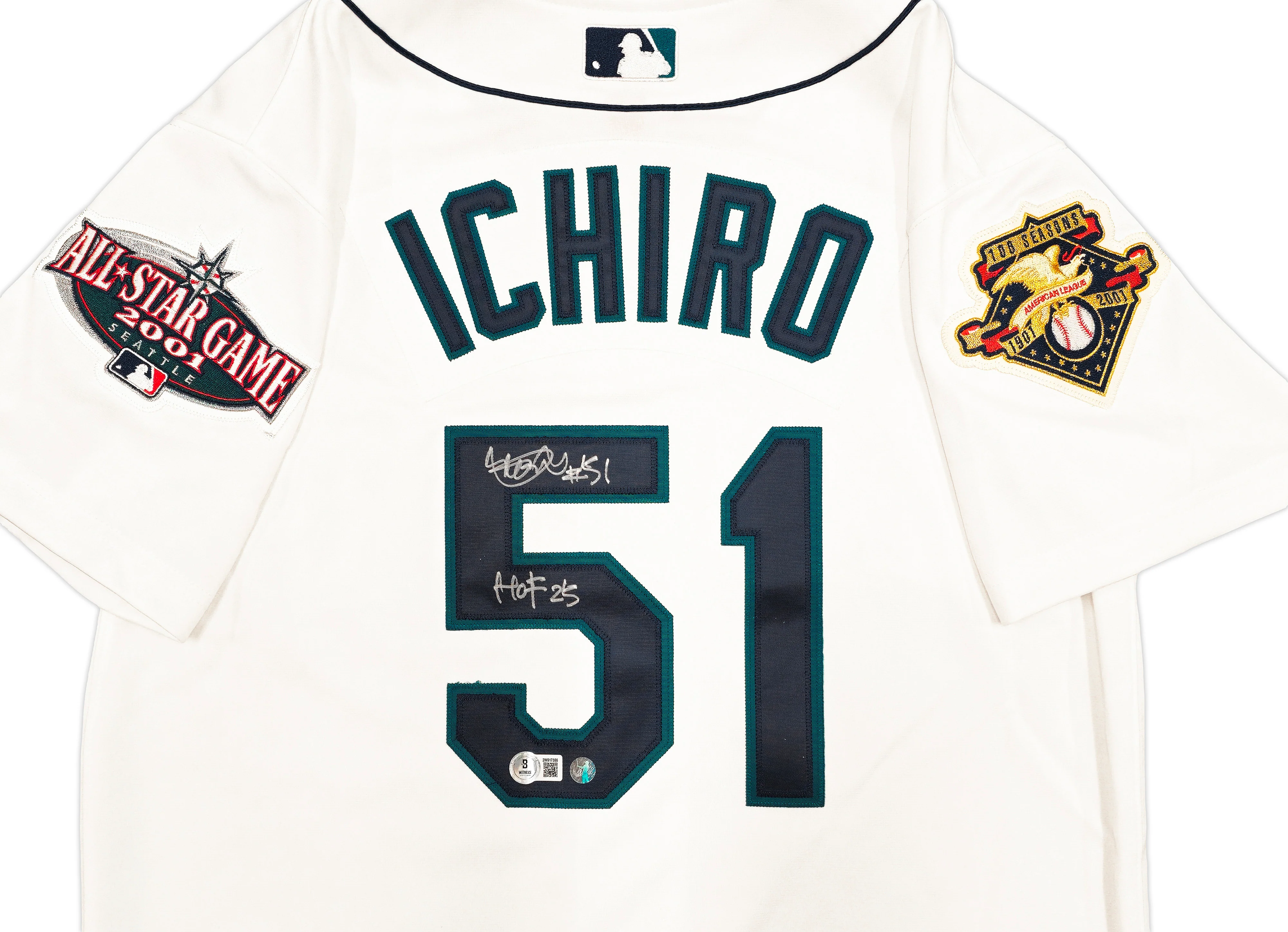 Seattle Mariners Ichiro Suzuki Autographed White Mitchell & Ness 2001 All Star Game Patch Rookie Year Jersey Size 40 "HOF 25" IS Holo & Beckett BAS Witness QR Stock #238314 - Image 3