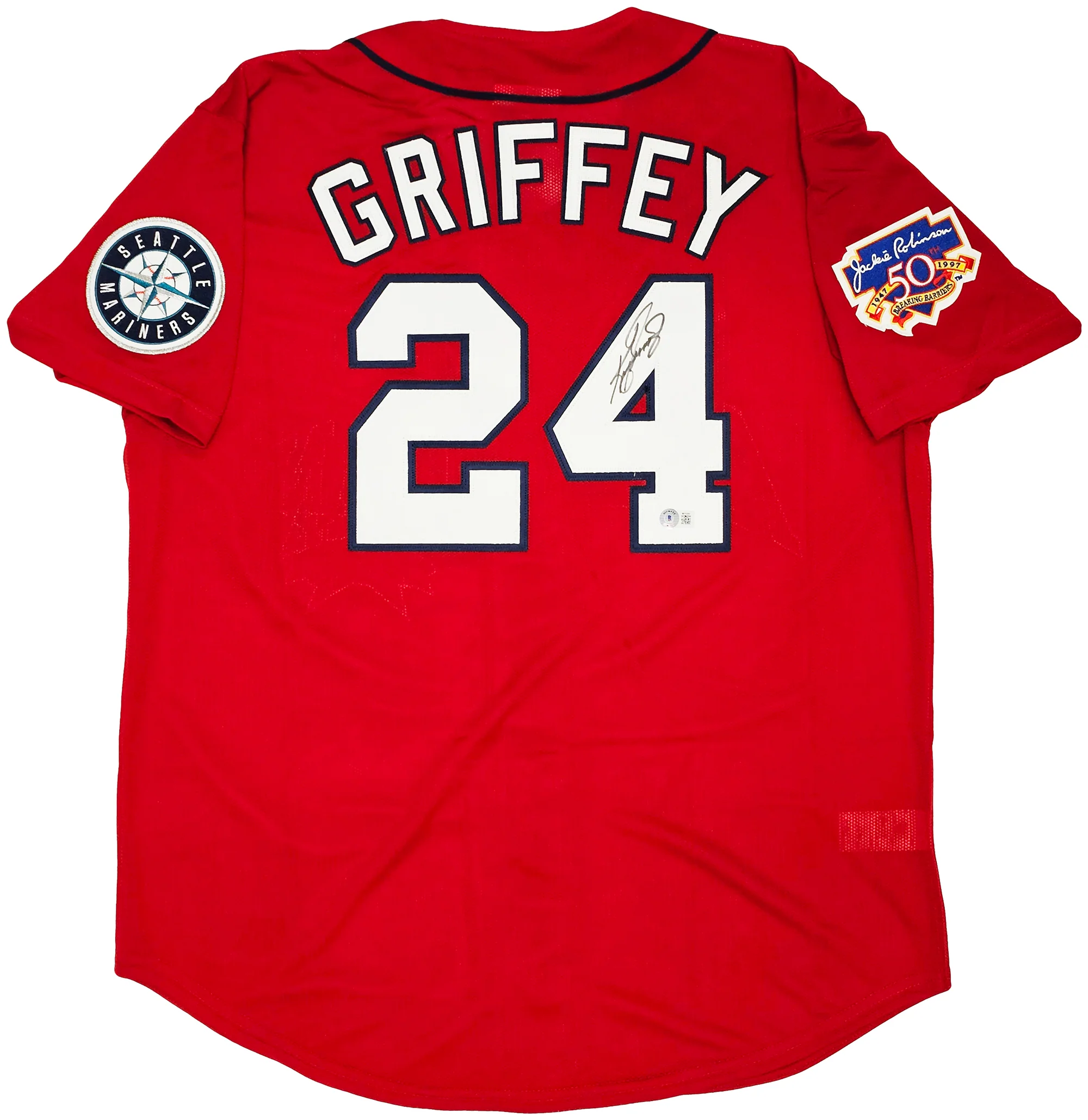 Seattle Mariners Ken Griffey Jr. Autographed Red Authentic Mitchell & Ness 1997 All Star Game Jersey Size XL Jackie Robinson Patch Beckett BAS Witness Stock #212470 - Image 2