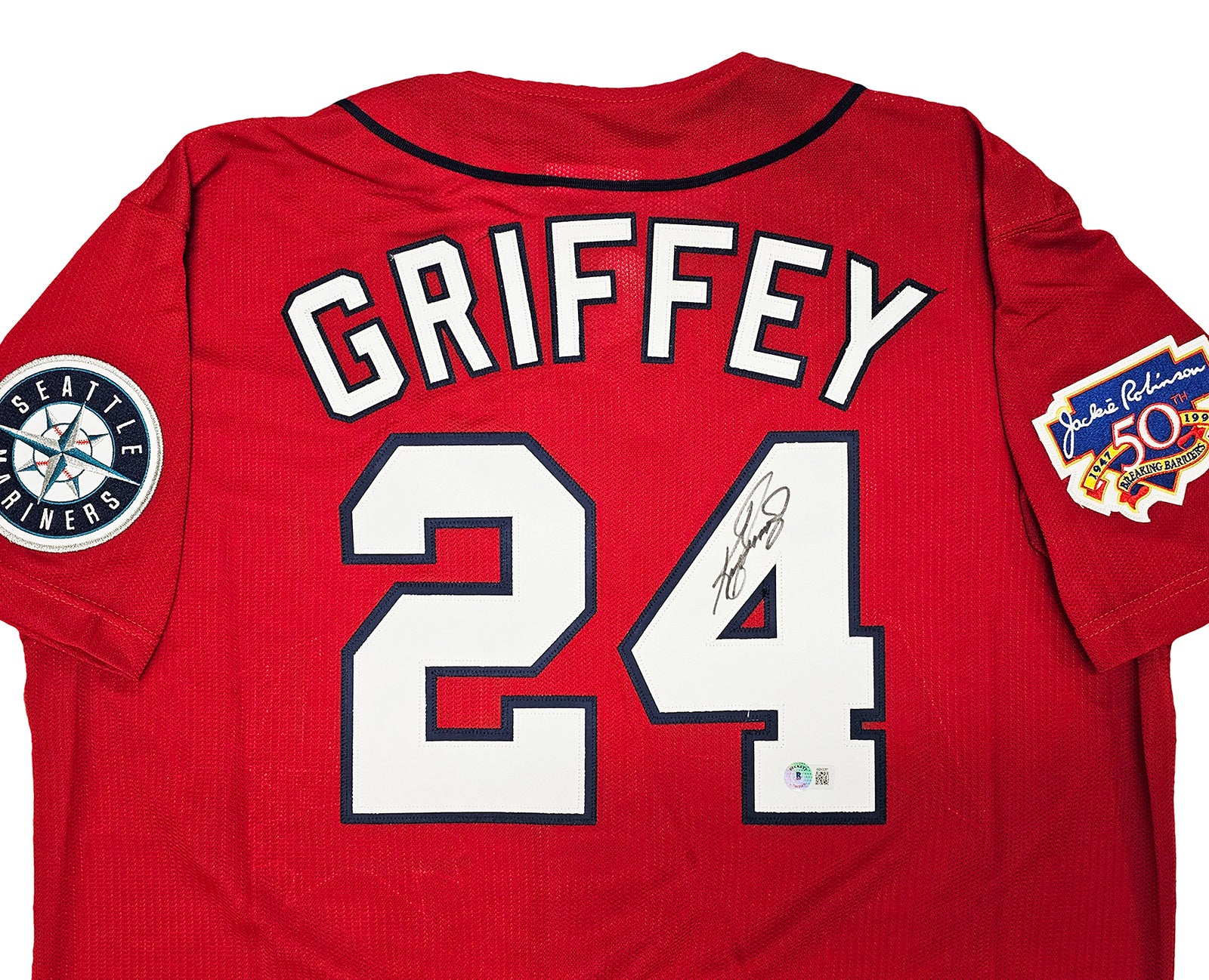 Seattle Mariners Ken Griffey Jr. Autographed Red Authentic Mitchell & Ness 1997 All Star Game Jersey Size XL Jackie Robinson Patch Beckett BAS Witness Stock #212470 - Image 3
