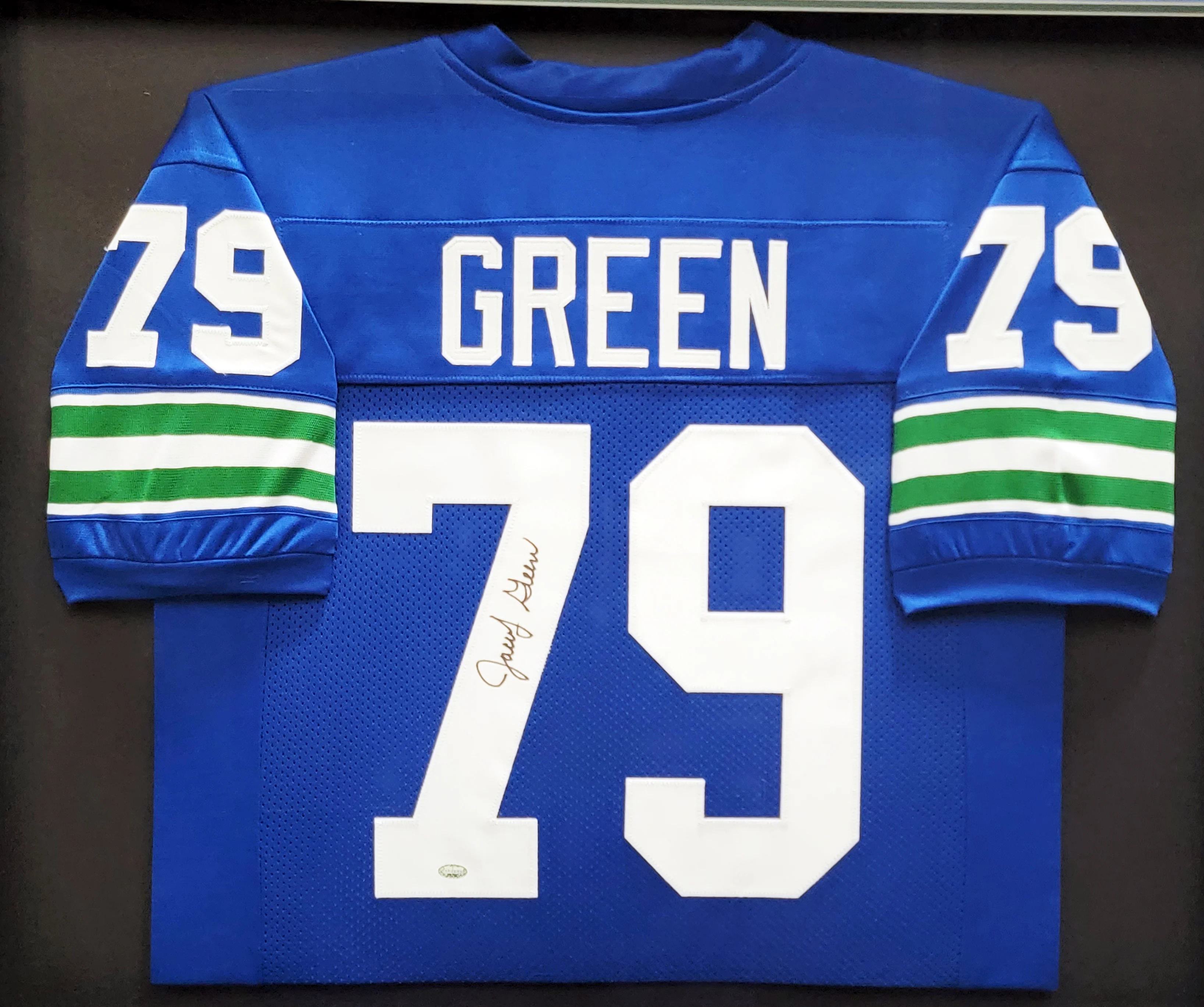 Seattle Seahawks Jacob Green Autographed Framed Blue Jersey MCS Holo Stock #200921 - Image 2