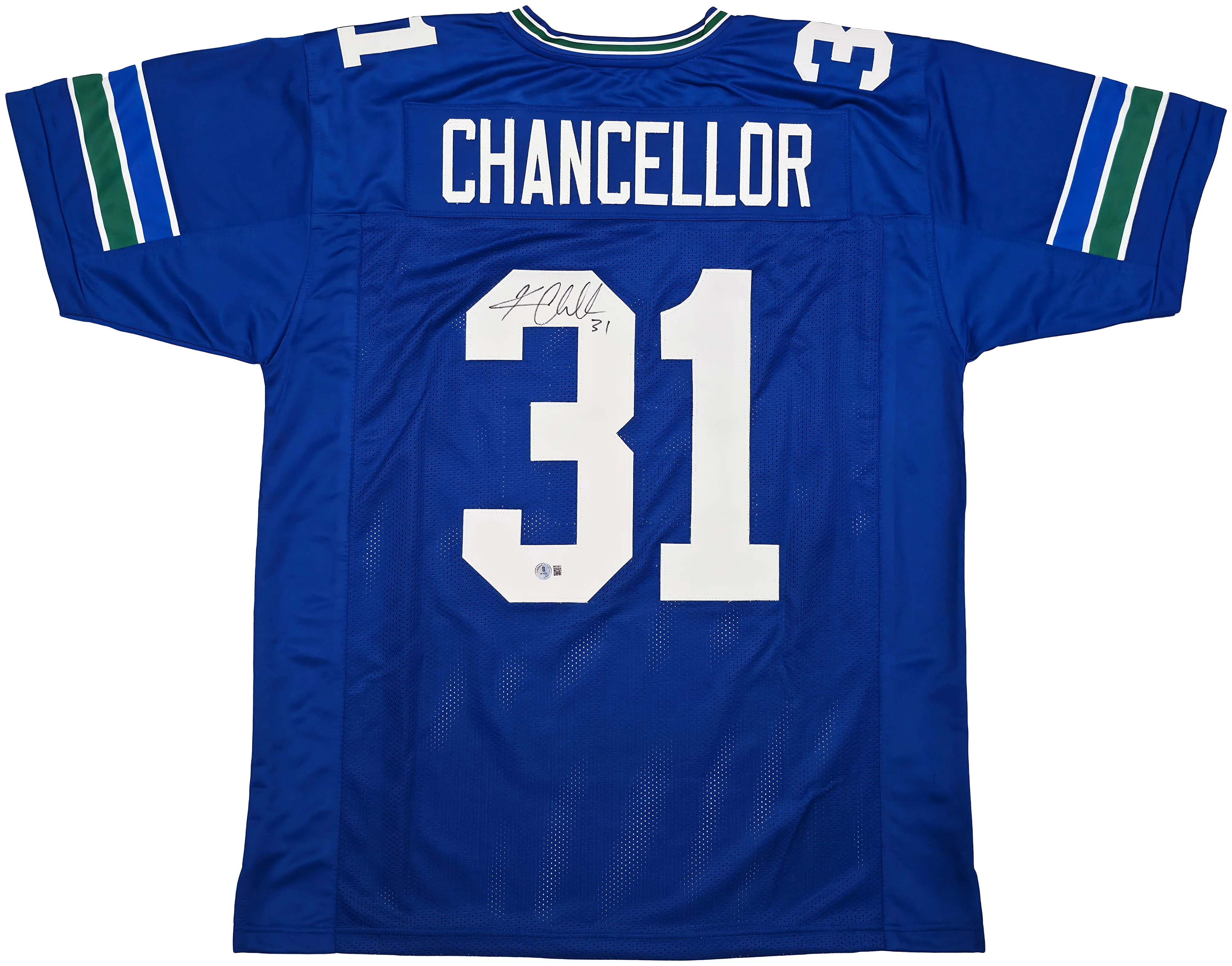 Seattle Seahawks Kam Chancellor Autographed Blue Throwback Jersey Beckett BAS Witness Stock #259852 - Image 2