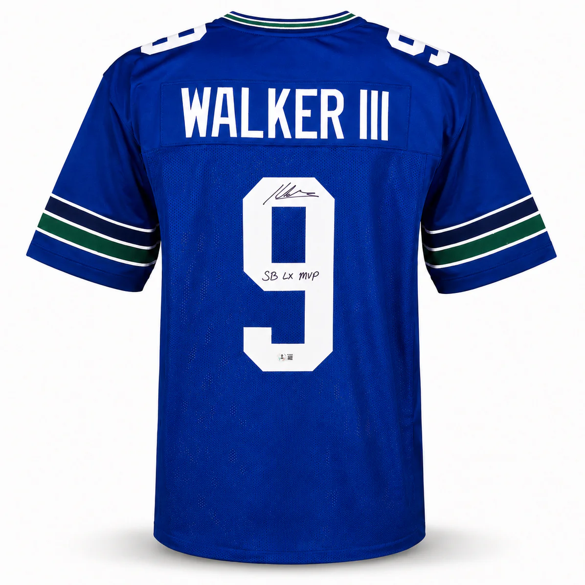 Seattle Seahawks Kenneth Walker III Autographed Blue Throwback Jersey "SB LX MVP" Beckett BAS Witness Stock #262404