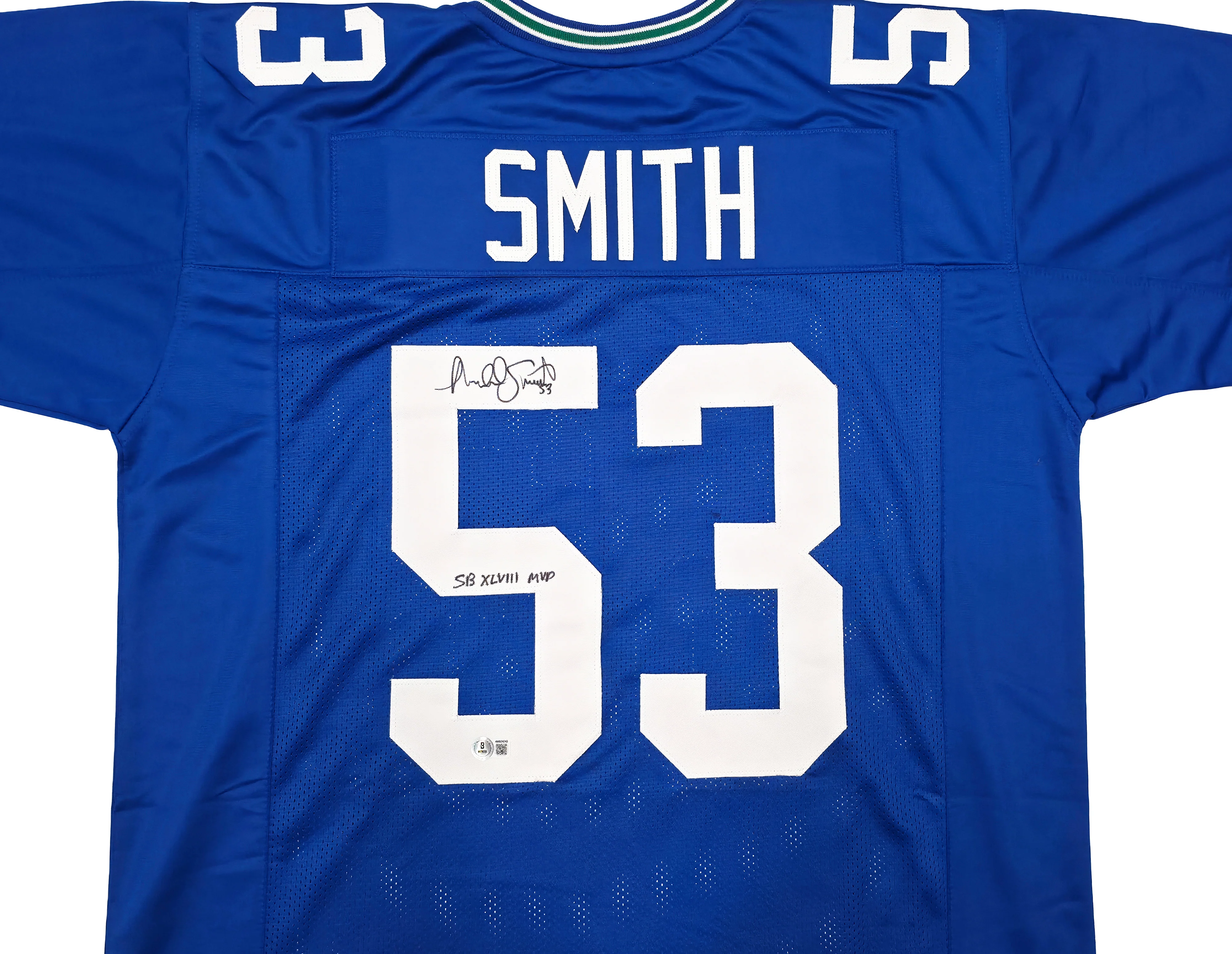 Seattle Seahawks Malcolm Smith Autographed Blue Jersey "SB LXVIII MVP" Beckett BAS Witness Stock #262117 - Image 2