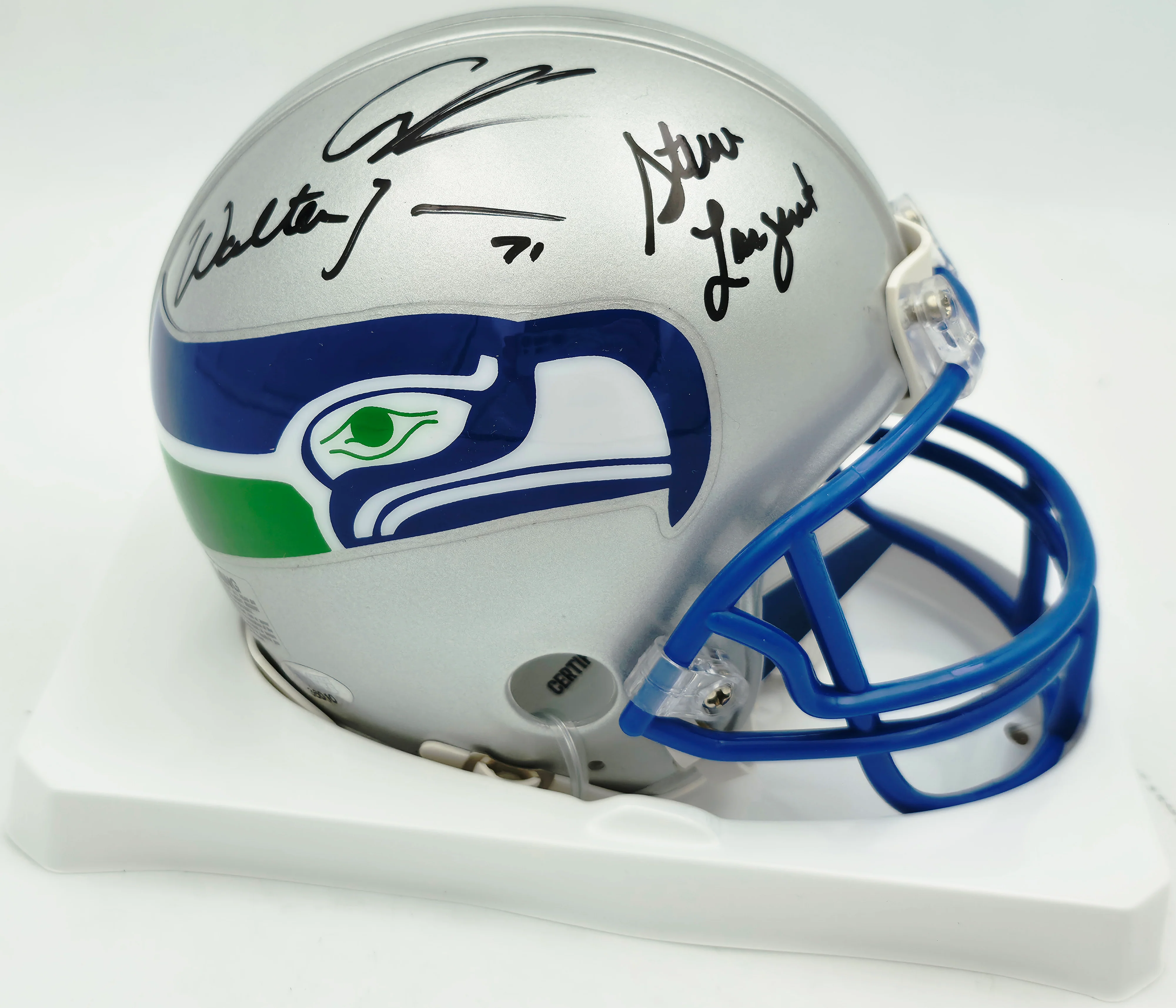 Seattle Seahawks Ring of Honor Autographed Throwback Silver Mini Helmet With 5 Signatures Including Cortez Kennedy & Steve Largent Beckett BAS #C26016