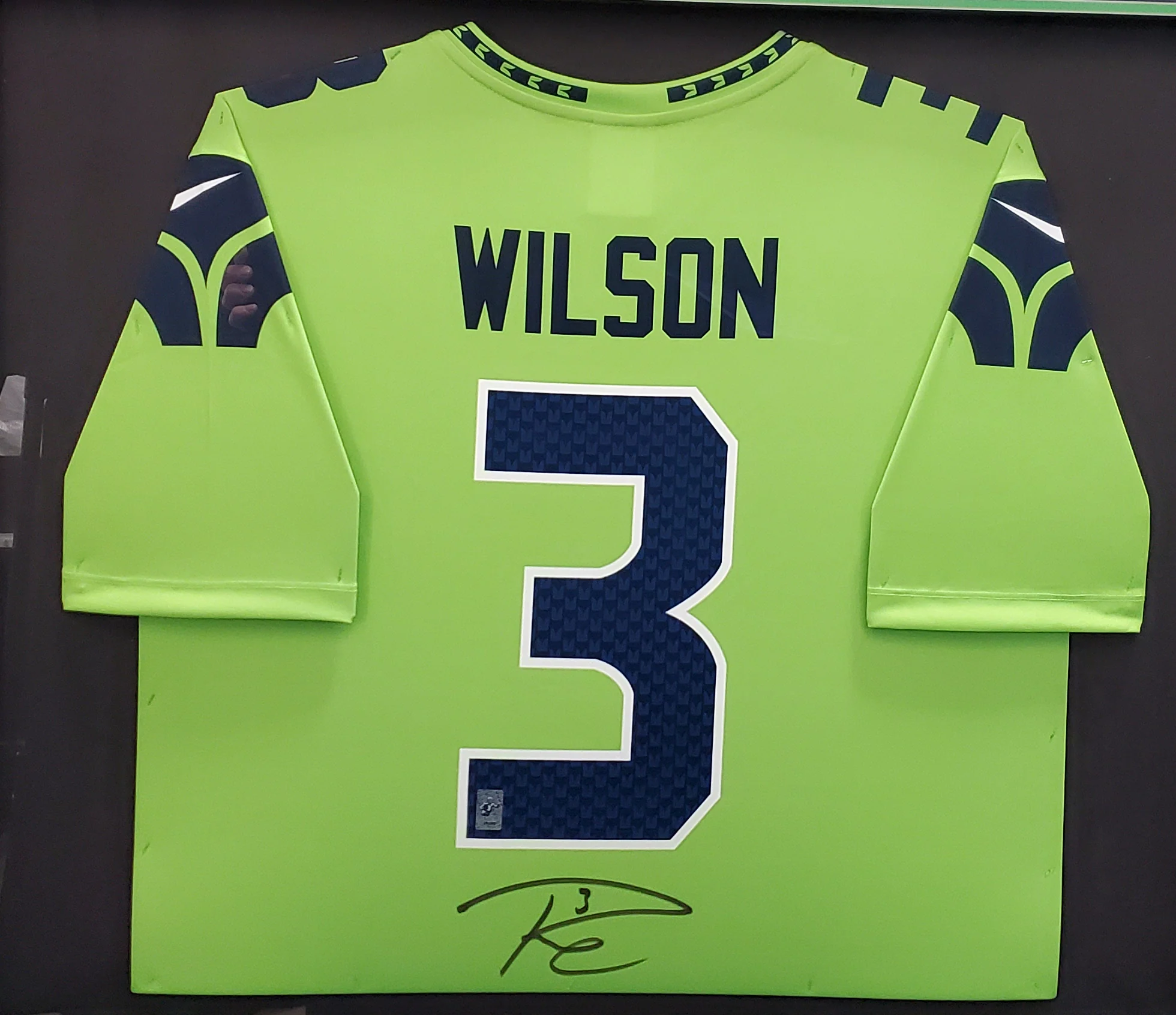 Seattle Seahawks Russell Wilson Autographed Action Green Nike Framed Jersey RW Holo Stock #185764 - Image 2