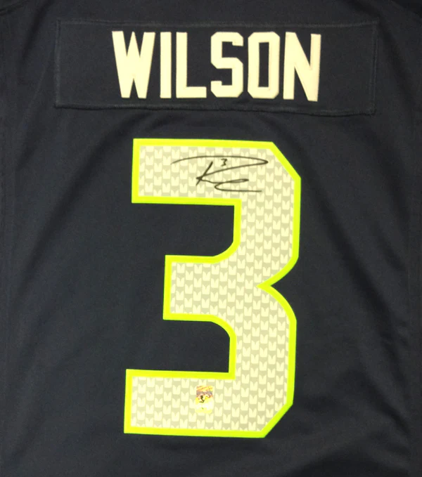 Seattle Seahawks Russell Wilson Autographed Blue Nike Twill Jersey Size L RW Holo Stock #71430
