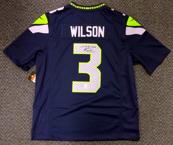 Seattle Seahawks Russell Wilson Autographed Blue Nike Twill Jersey Size L RW Holo Stock #71430 - Image 2