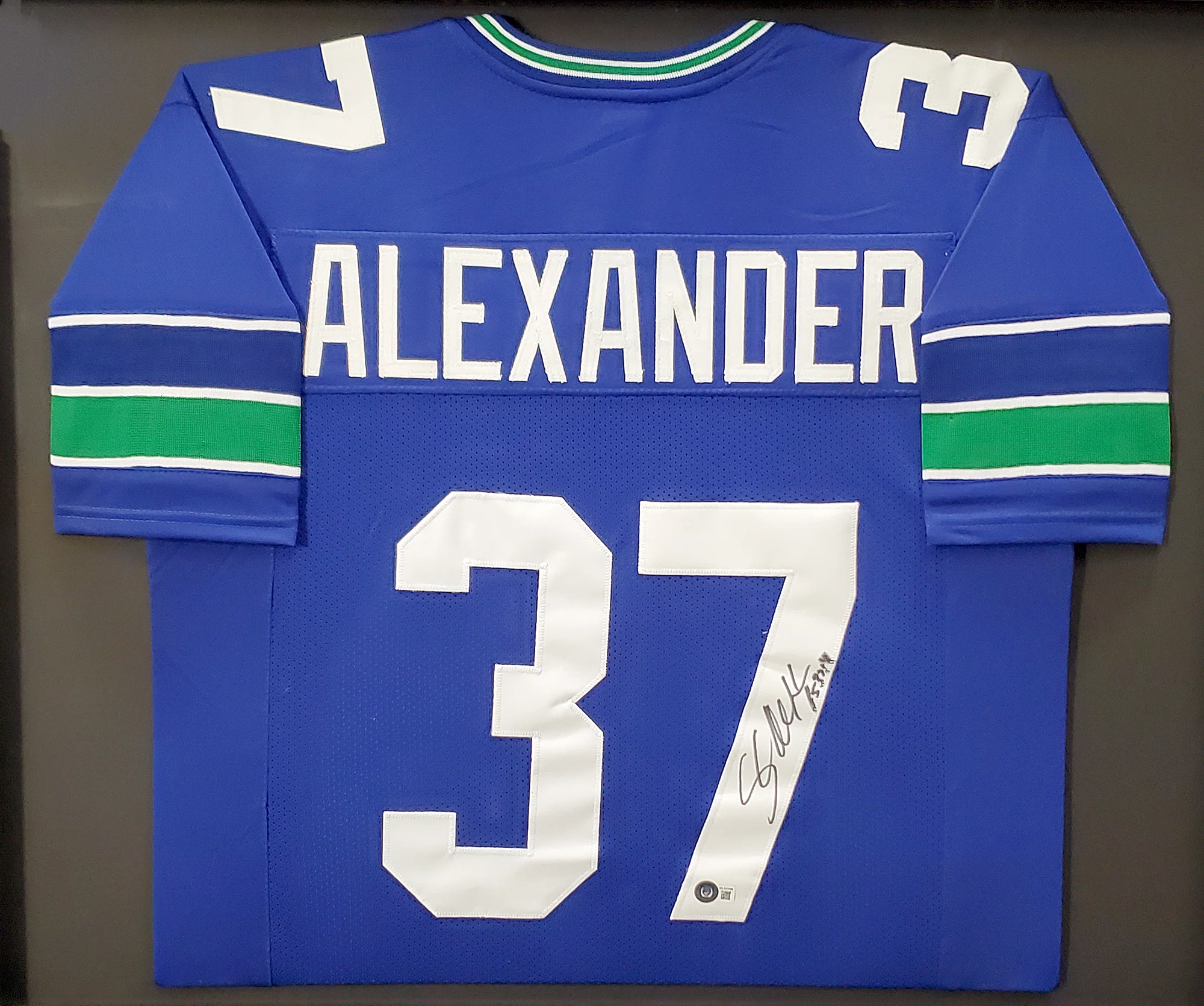 Seattle Seahawks Shaun Alexander Autographed Framed Blue Jersey Beckett BAS Stock #200433 - Image 2