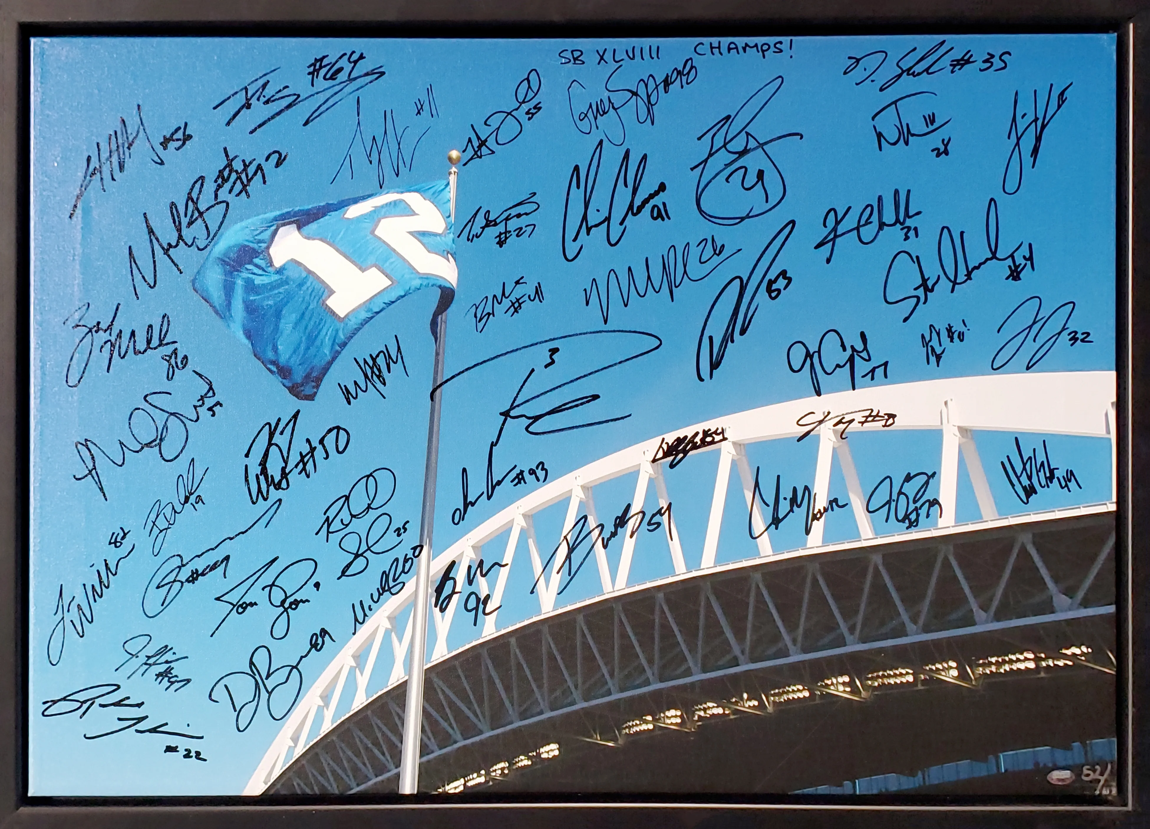 Seattle Seahawks Super Bowl XLVIII Champion Autographed Framed 20x30 Canvas Photo "SB XLVIII Champs!" With 42 Signatures Including Russell Wilson & Marshawn Lynch #/112 MCS Holo Stock #94470