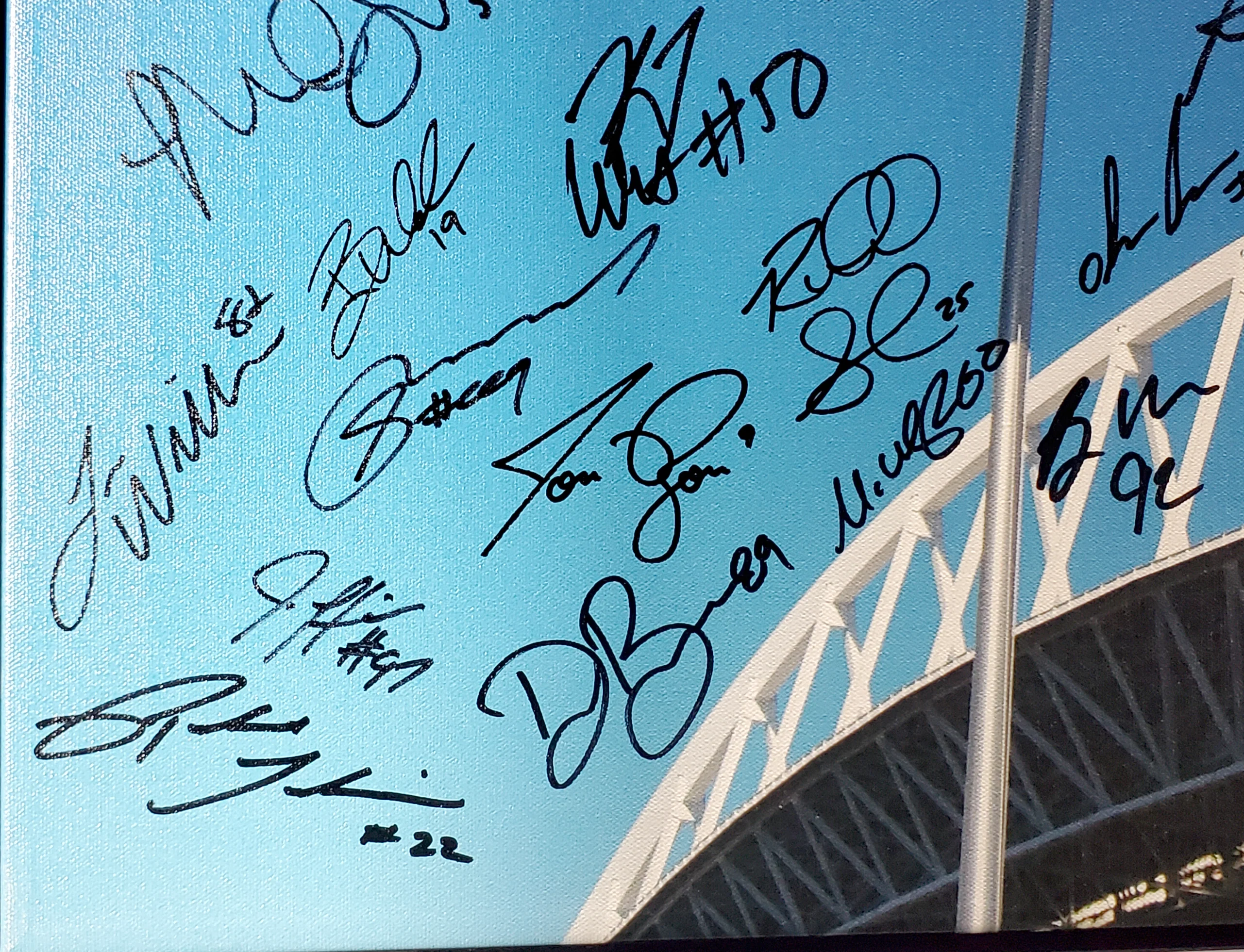 Seattle Seahawks Super Bowl XLVIII Champion Autographed Framed 20x30 Canvas Photo "SB XLVIII Champs!" With 42 Signatures Including Russell Wilson & Marshawn Lynch #/112 MCS Holo Stock #94470 - Image 4
