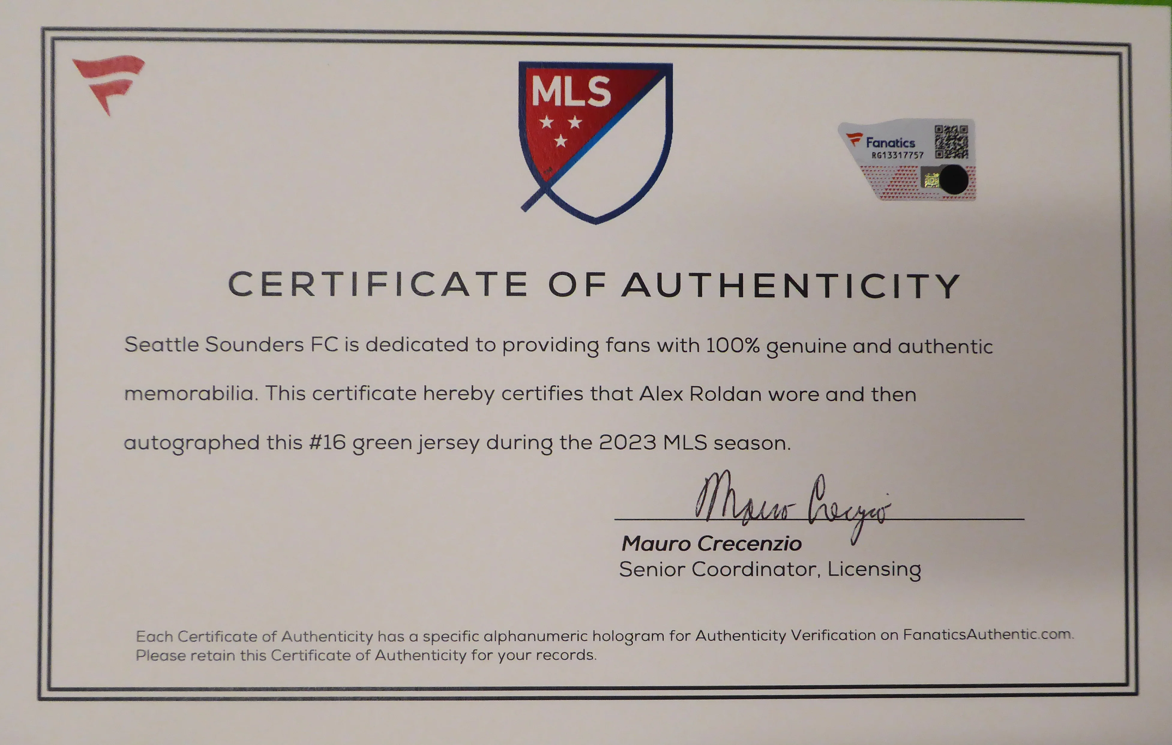 Seattle Sounders Alex Roldan Autographed 2023 Season Match Used Authentic Adidas Green Jersey Fanatics #RG13317757 - Image 5