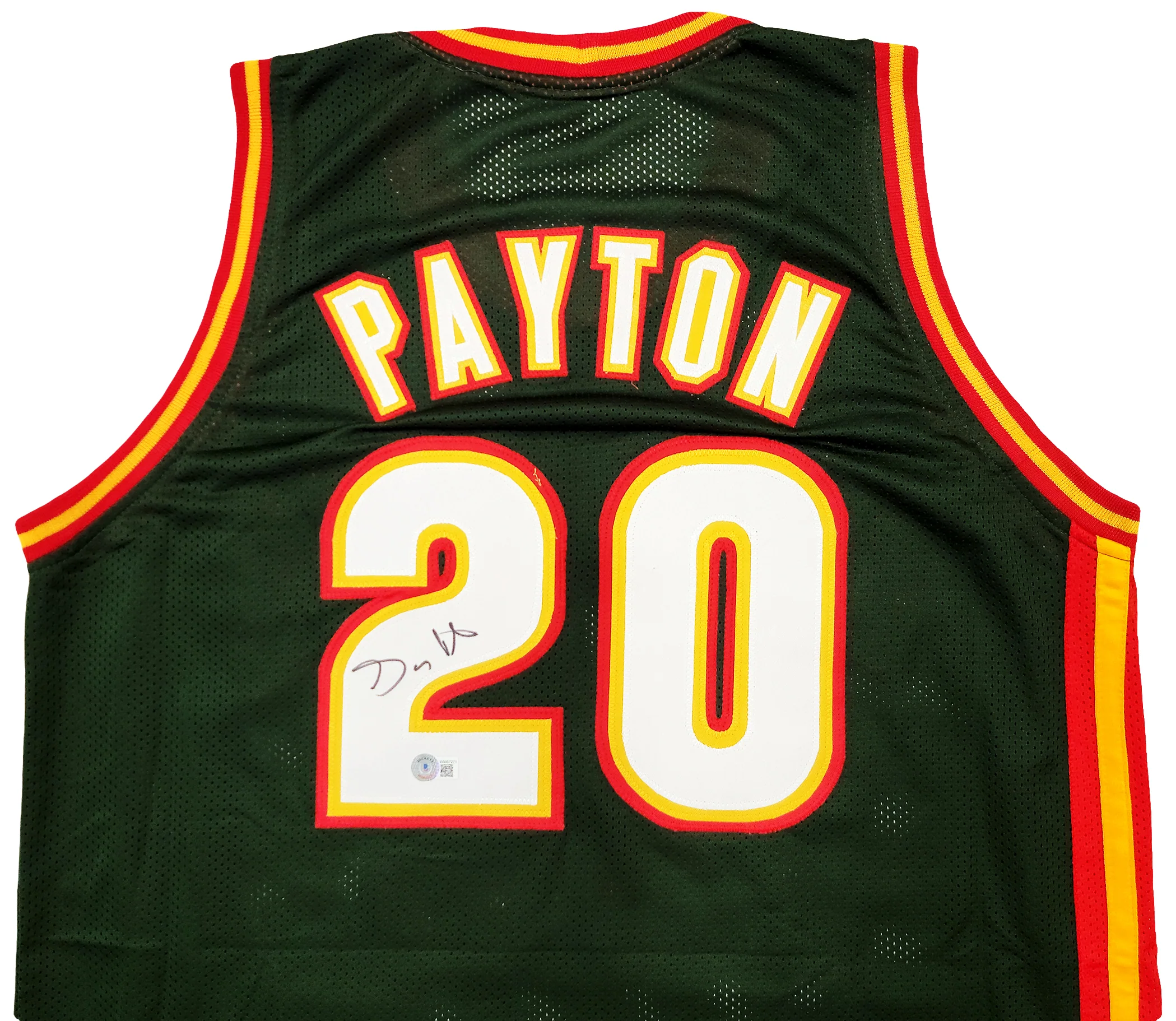 Seattle Supersonics Gary Payton Autographed Dark Green & Red Jersey Beckett BAS QR Stock #203422 - Image 3