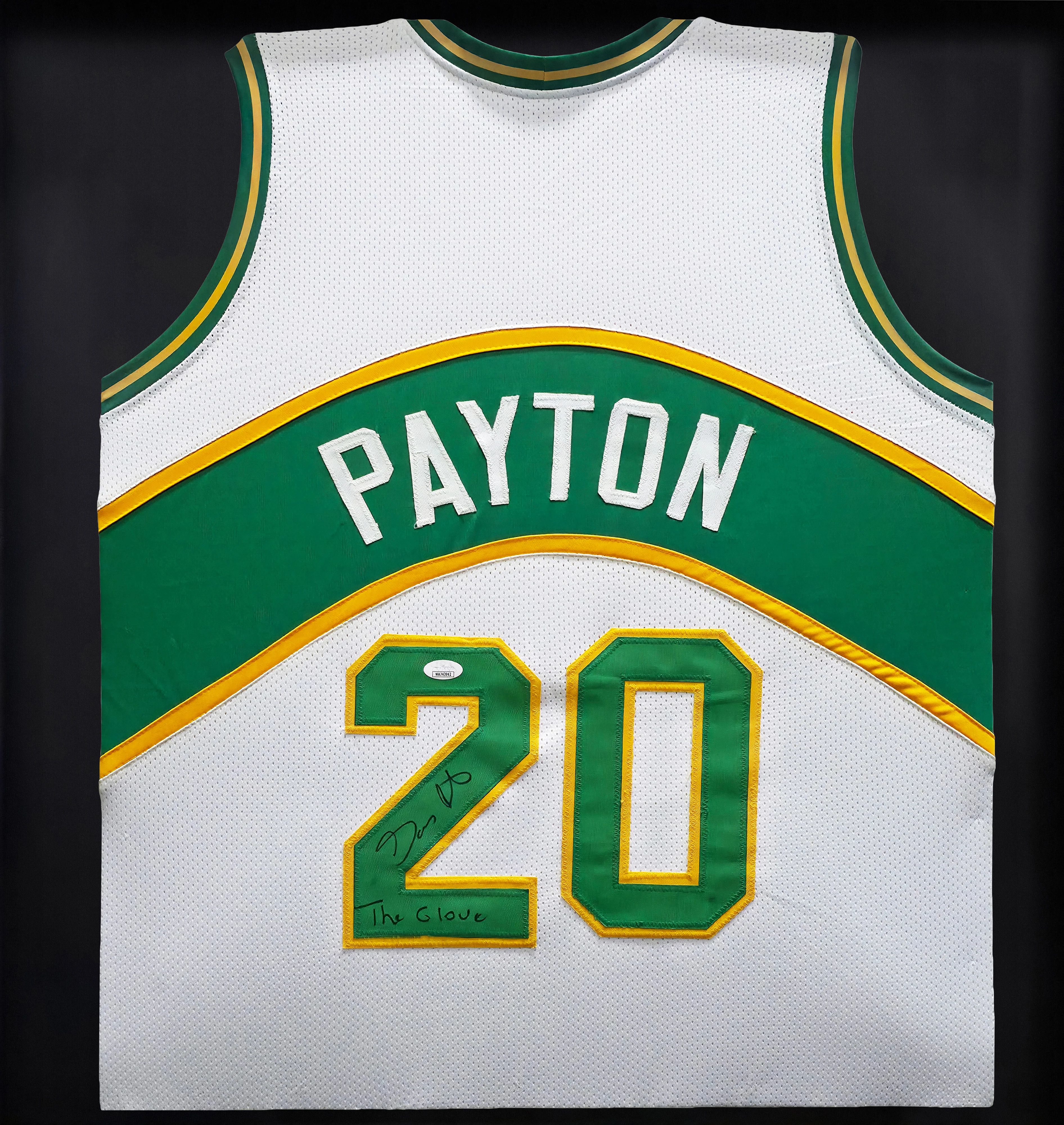 Seattle Supersonics Gary Payton Autographed Framed White Jersey "The Glove" JSA Stock #254173 - Image 2