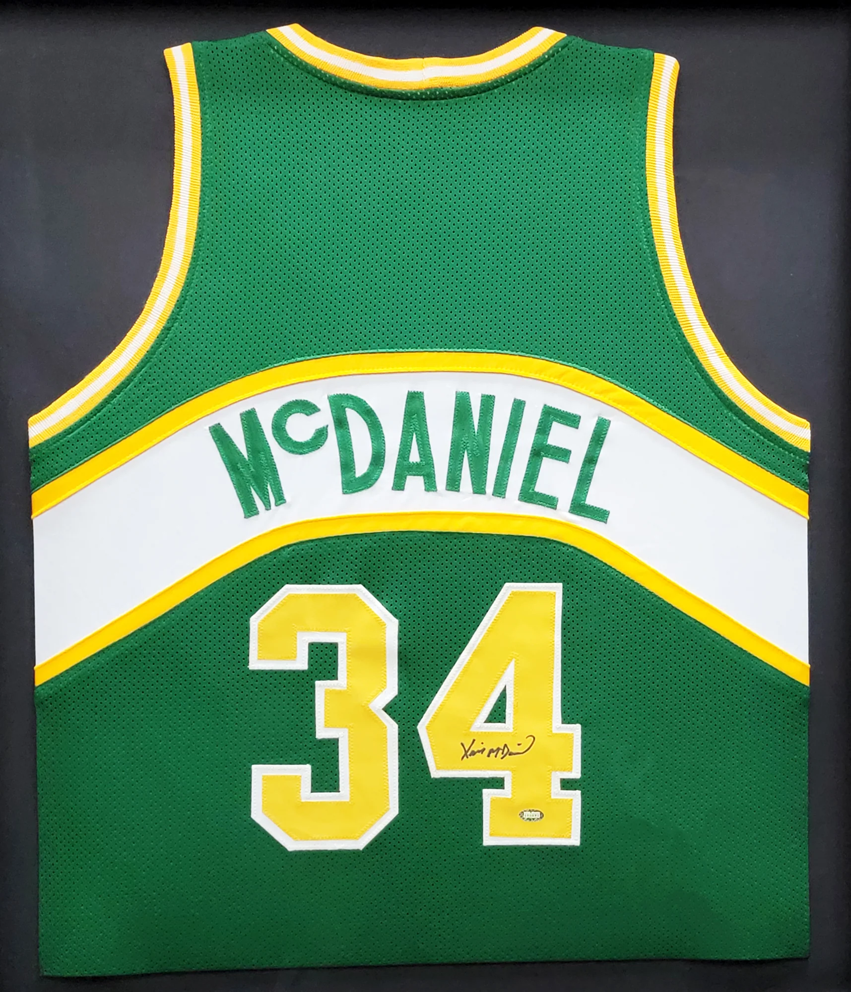Seattle Supersonics Xavier McDaniel Autographed Framed Green Jersey MCS Holo Stock #209447 - Image 2