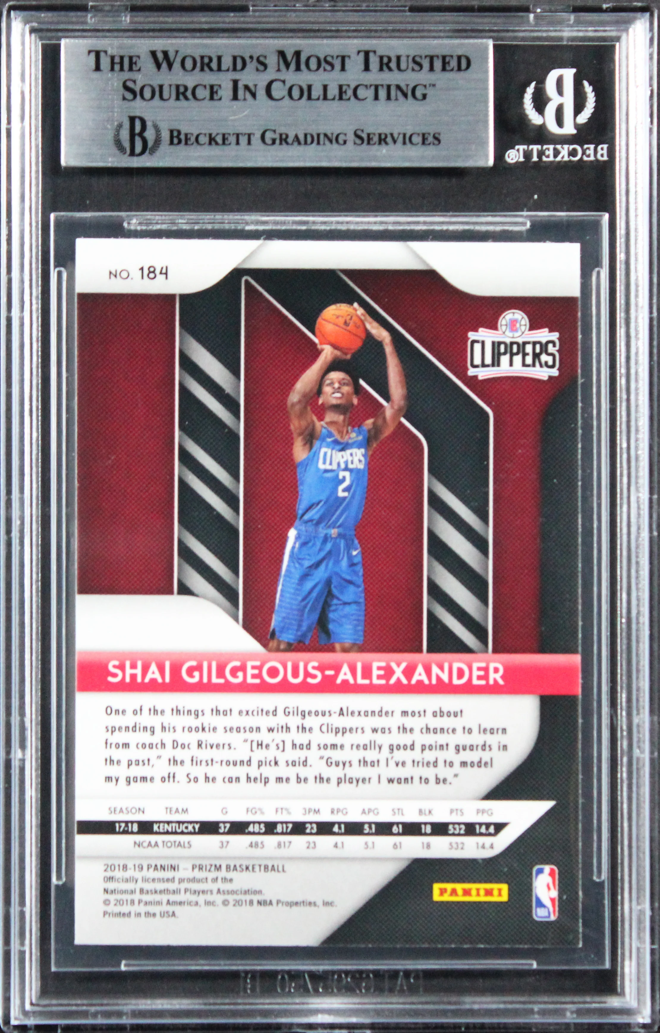 Shai Gilgeous-Alexander Signed 2018 Panini Prizm #184 Rookie Card BAS Slabbed 2 - Image 3