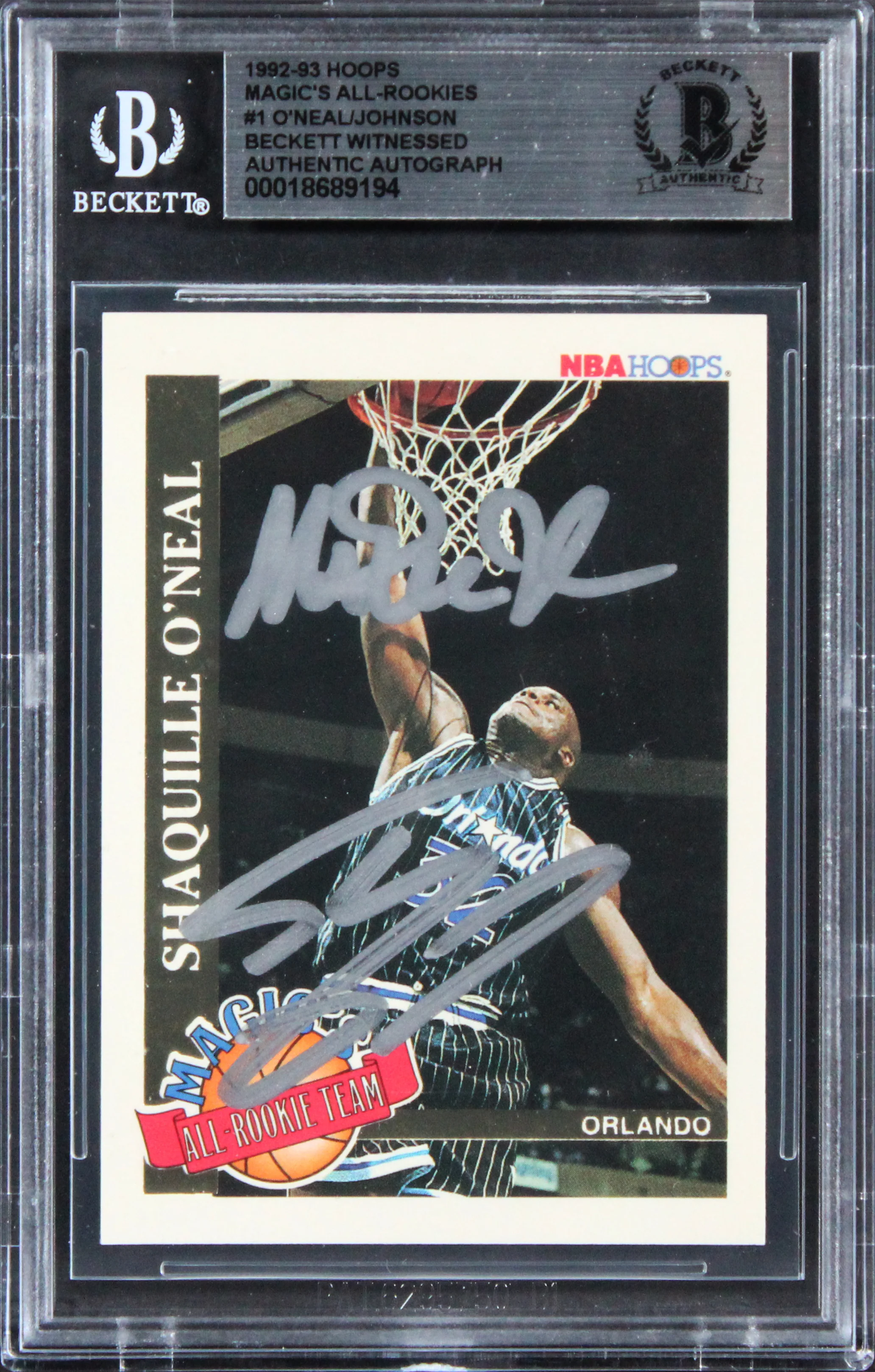 Shaq O'Neal & Magic Johnson Signed 1992 Magic's All-Rookies #1 Card BAS Slabbed - Image 2