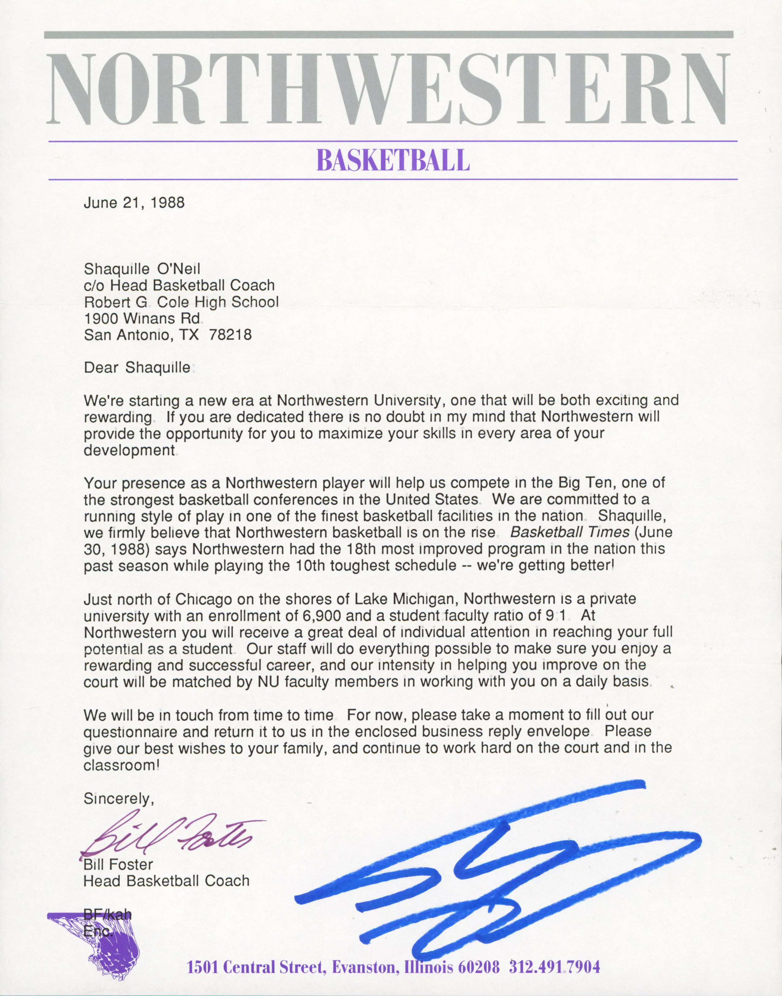 Shaquille O'Neal Authentic Signed 1988 Northwestern Recruitment Letter BAS - Image 2