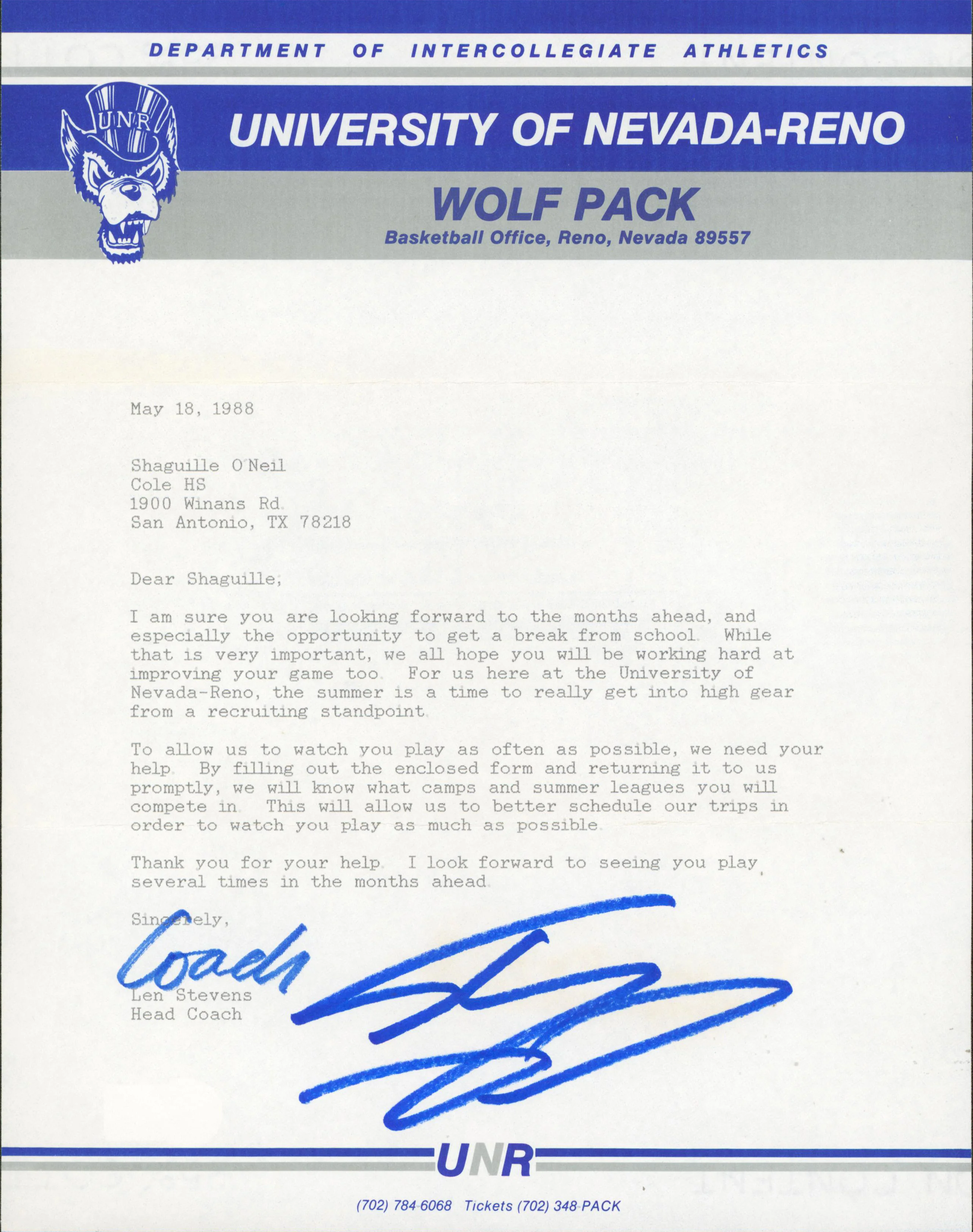Shaquille O'Neal Signed 1988 Uni. Nevada-Reno Recruitment Envelope & Letter BAS - Image 2