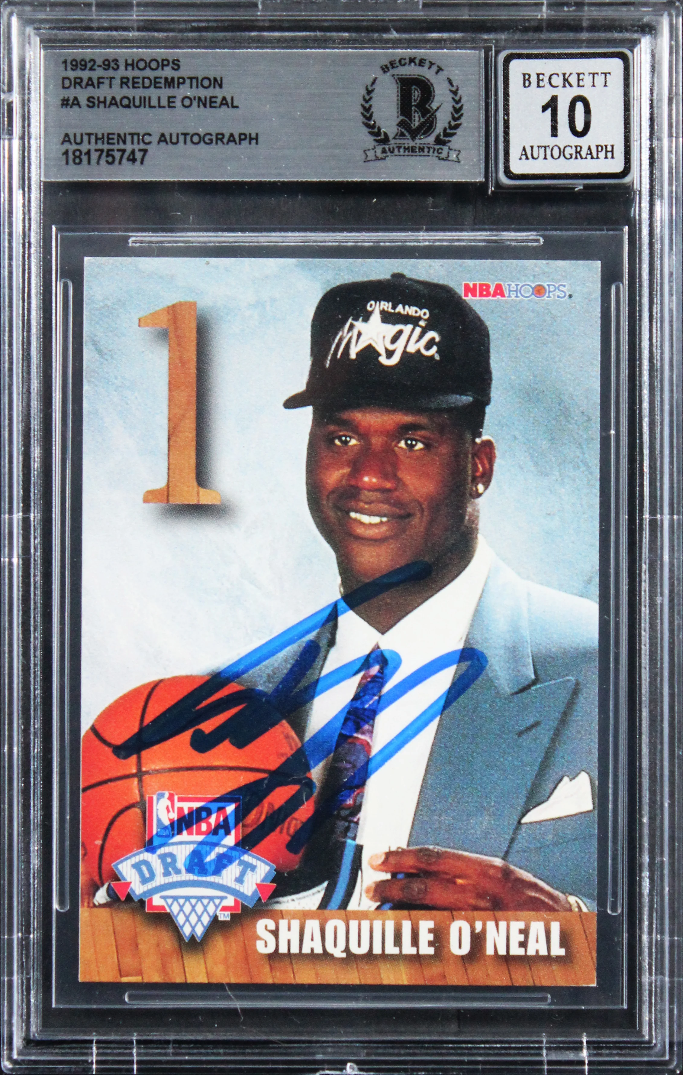 Shaquille O'Neal Signed 1992 Hoops Draft Redemption #A RC Card Auto 10! BAS Slab - Image 2