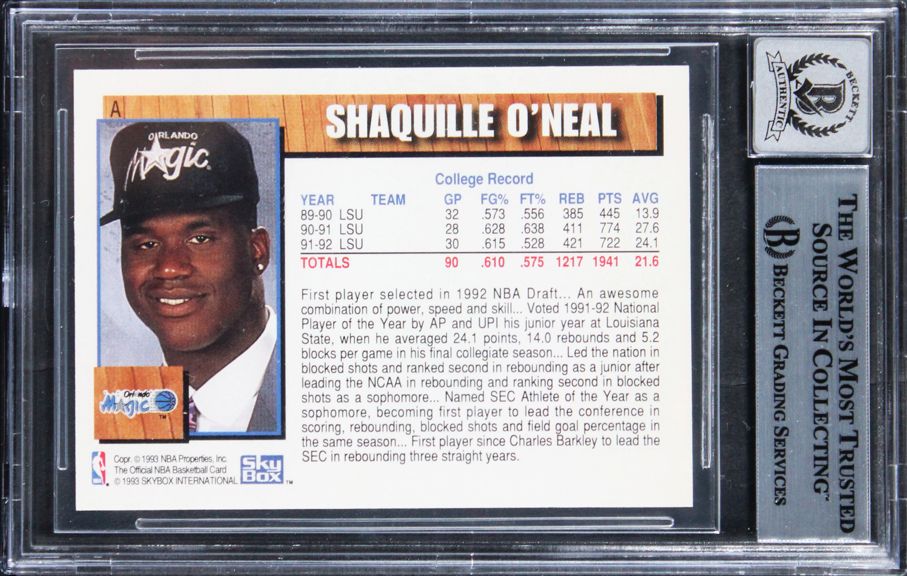 Shaquille O'Neal Signed 1992 Hoops Draft Redemption #A RC Card Auto 10! BAS Slab - Image 3