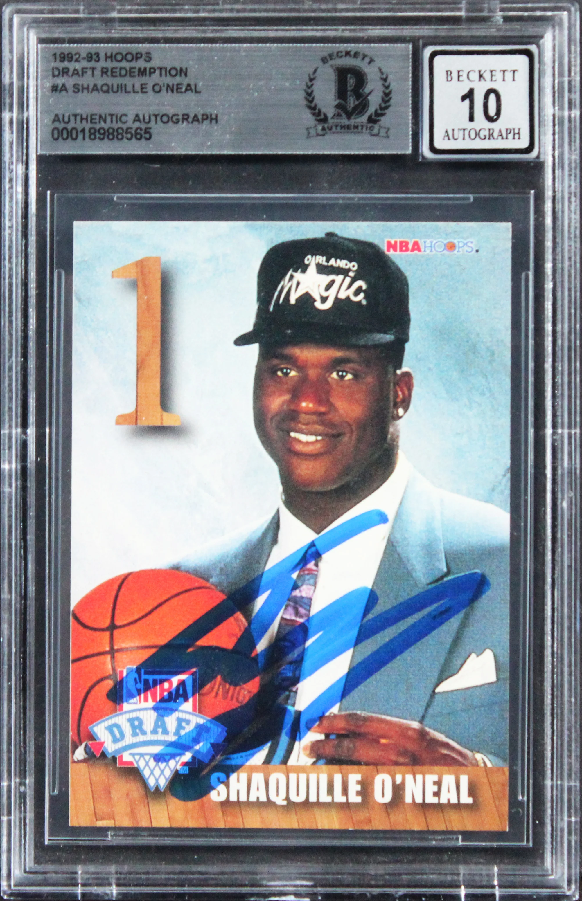 Shaquille O'Neal Signed 1992 Hoops Draft Redemption #A RC Card Auto 10! BAS Slab - Image 2