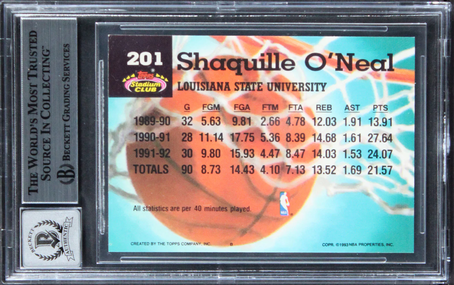 Shaquille O'Neal Signed 1992 Stadium Club #201 Rookie Card Auto 10! BAS Slabbed - Image 3