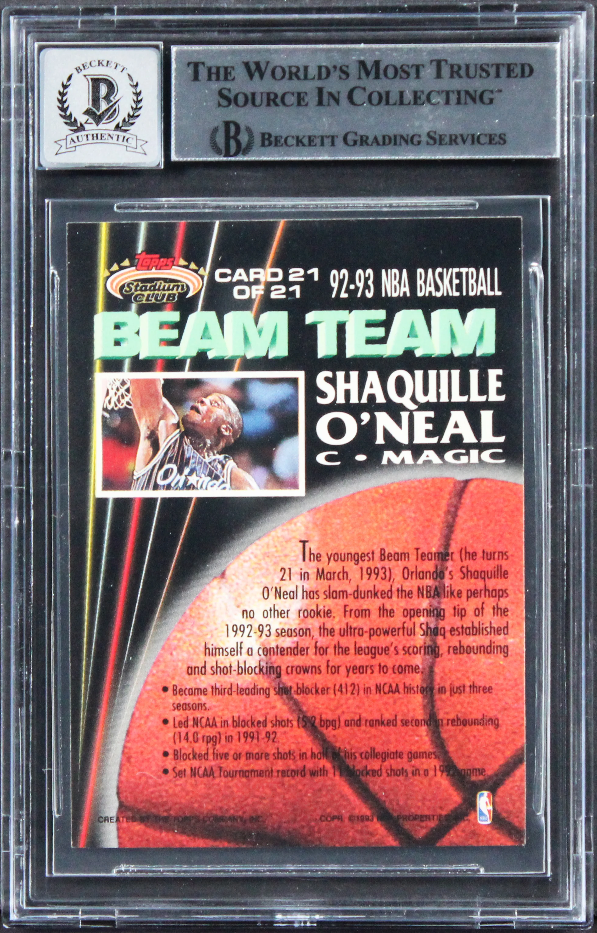 Shaquille O'Neal Signed 1992 Stadium Club Beam Team RC Auto Grade 10 BAS Slab 7 - Image 3