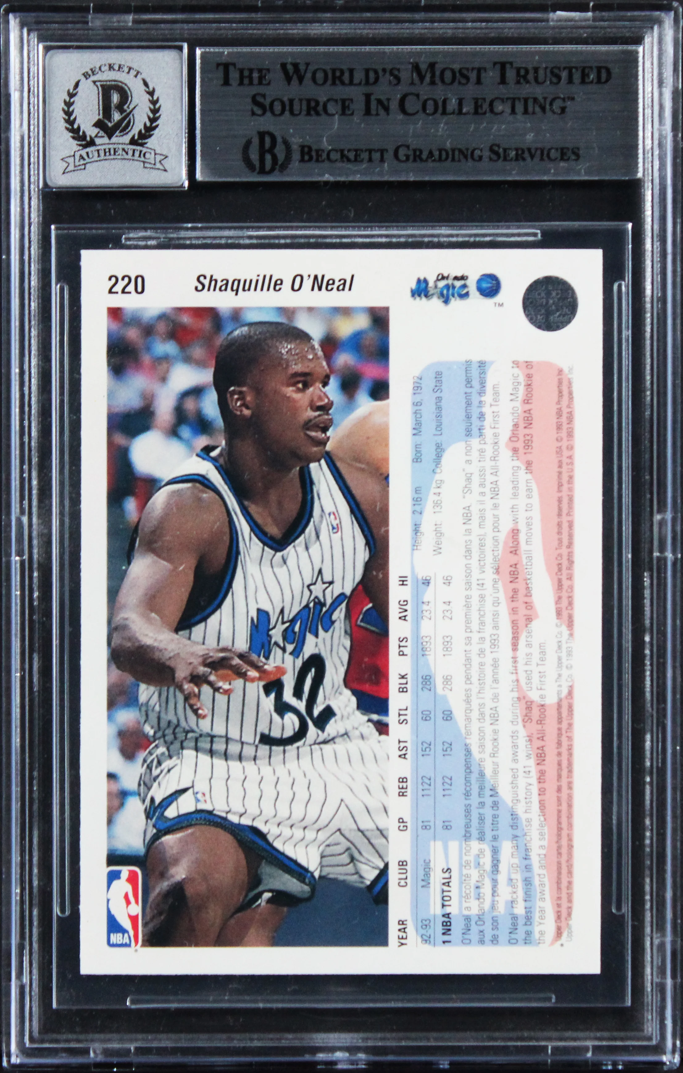 Shaquille O'Neal Signed 1993 Upper Deck Intl #220 RC Card Auto 10! BAS Slabbed - Image 3