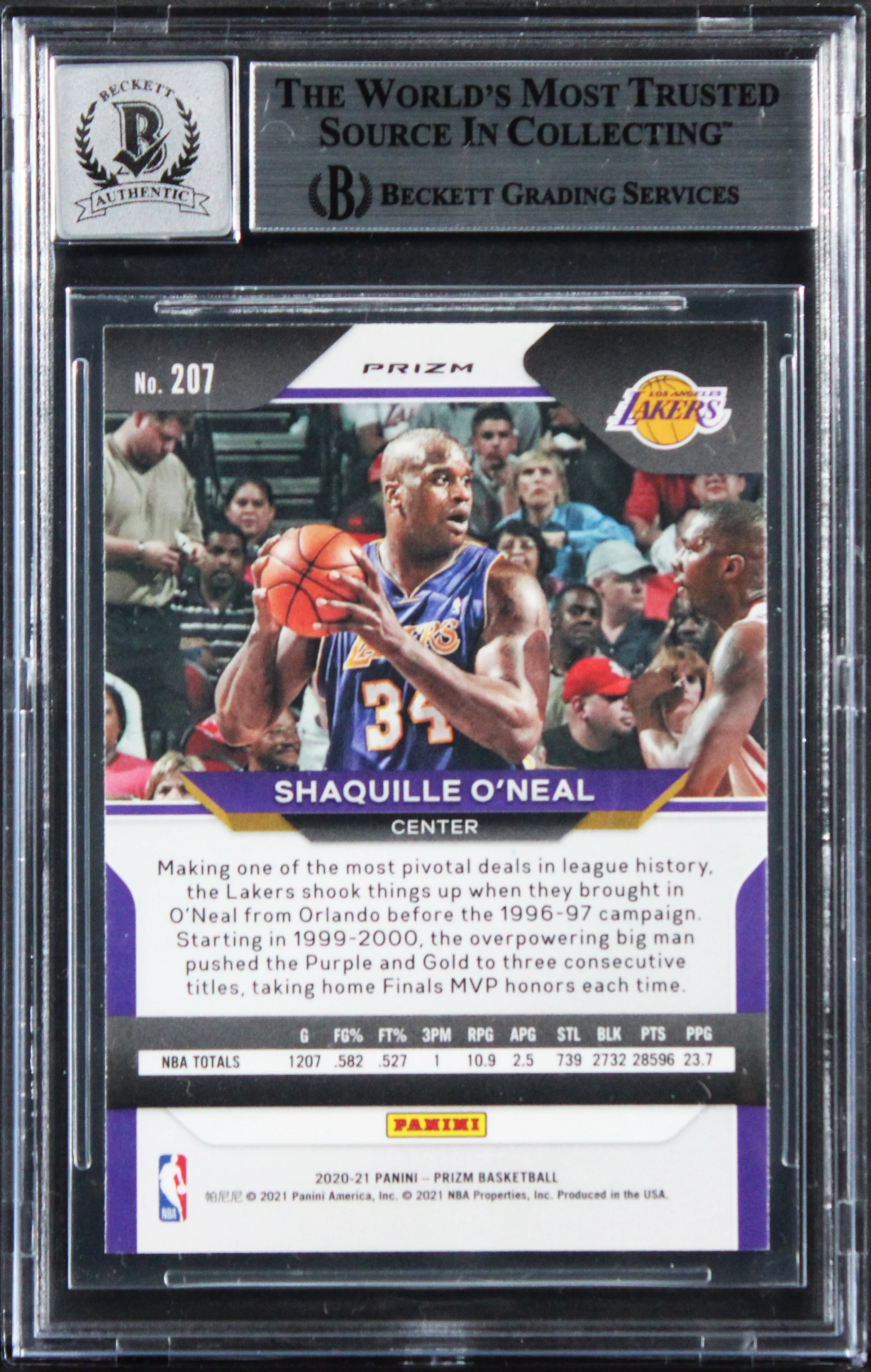 Shaquille O'Neal Signed 2020 Panini Prizm RW&B #207 Card Auto 10! BAS Slabbed - Image 3