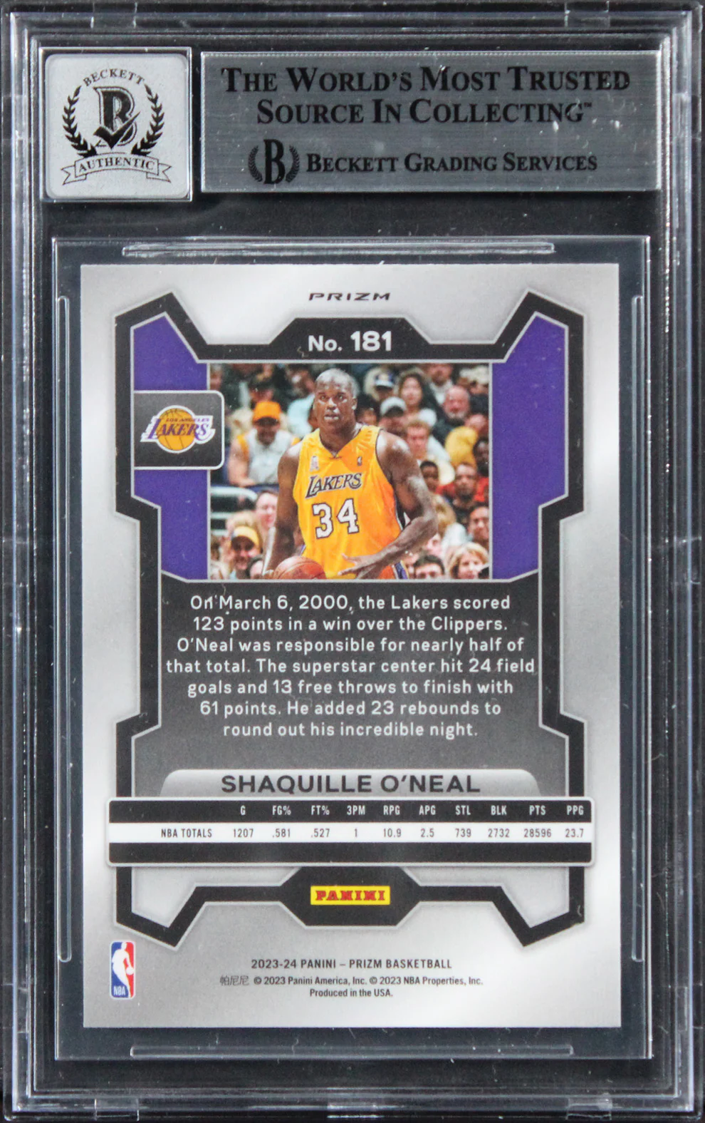 Shaquille O'Neal Signed 2023 Panini Prizm Silver #181 Card Auto 10! BAS Slabbed - Image 3