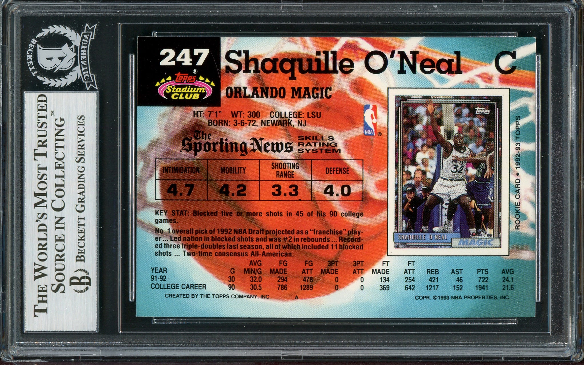 Shaquille Shaq O'Neal Autographed 1992-93 Stadium Club Rookie Card #247 Orlando Magic Beckett BAS #13020284 - Image 2