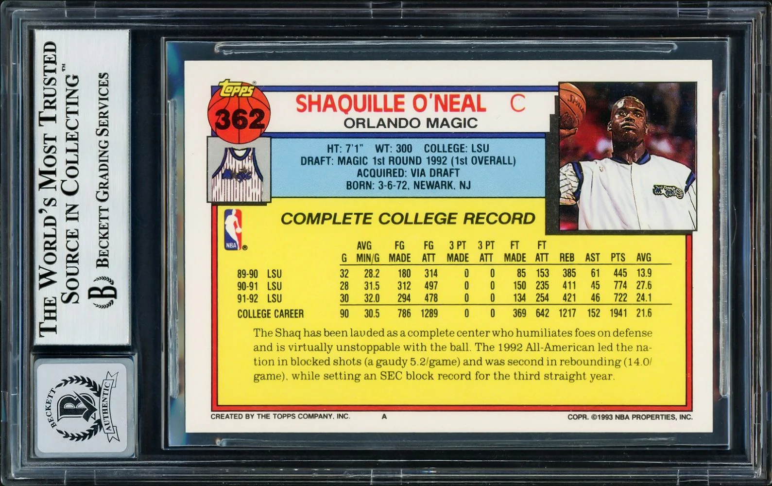 Shaquille O'Neal Signed 1992/93 Topps #362 Magic Rookie Card BAS Auto 10 - Image 2