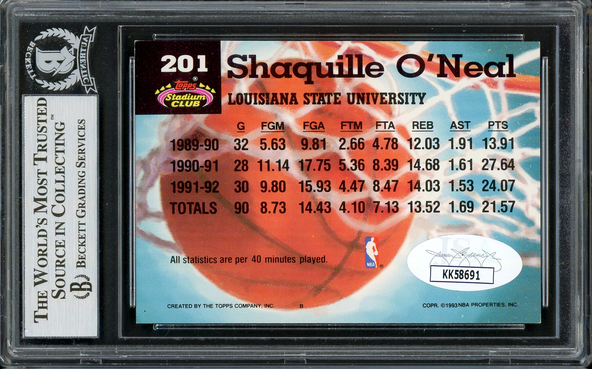Shaquille Shaq O'Neal Autographed 1992-93 Stadium Club Members Choice Rookie Card #201 Orlando Magic Beckett BAS #13020291 - Image 2