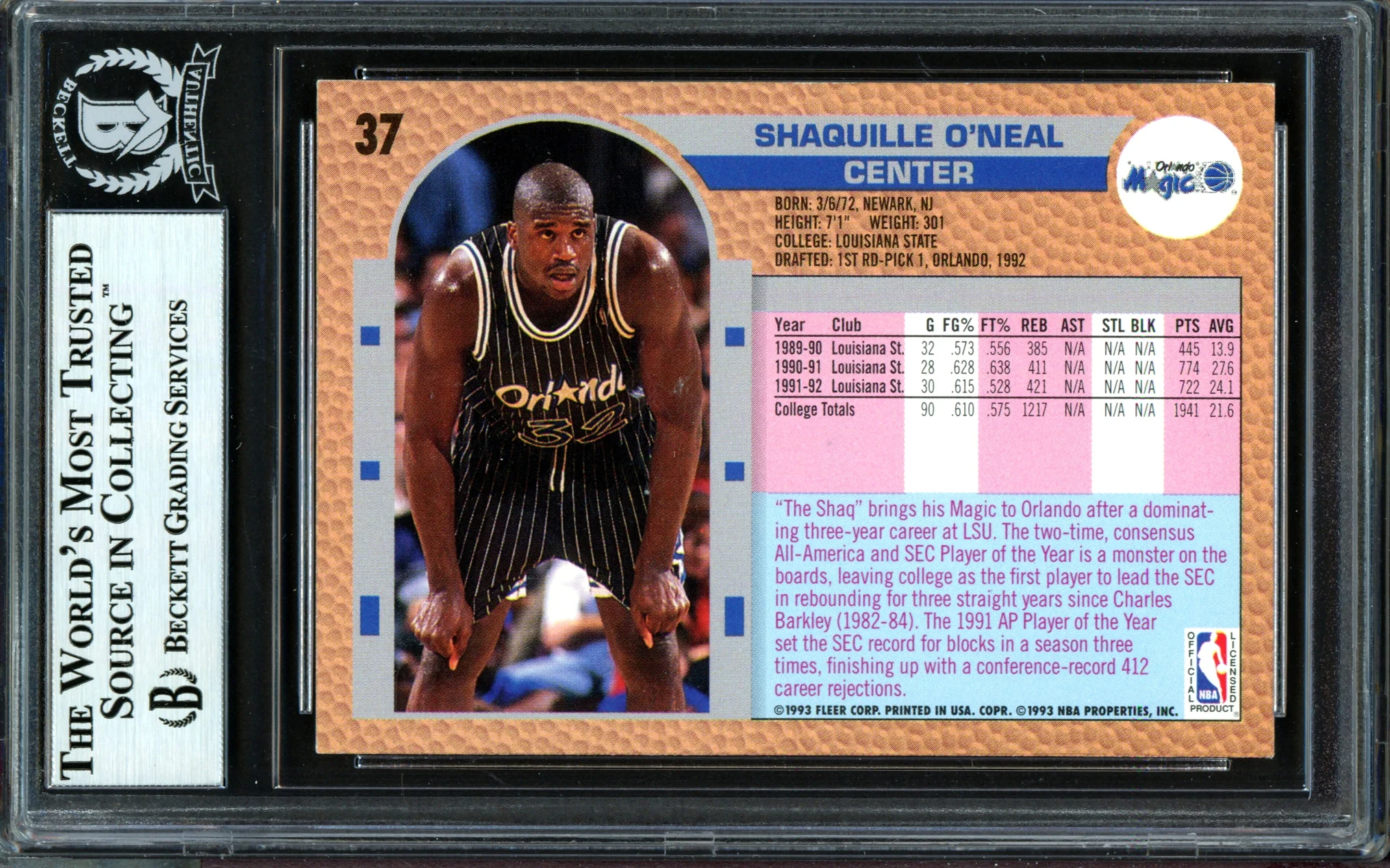 Shaquille Shaq O'Neal Autographed 1992-93 Fleer Drake's Rookie Card #37 Orlando Magic Beckett BAS #13446733 - Image 2