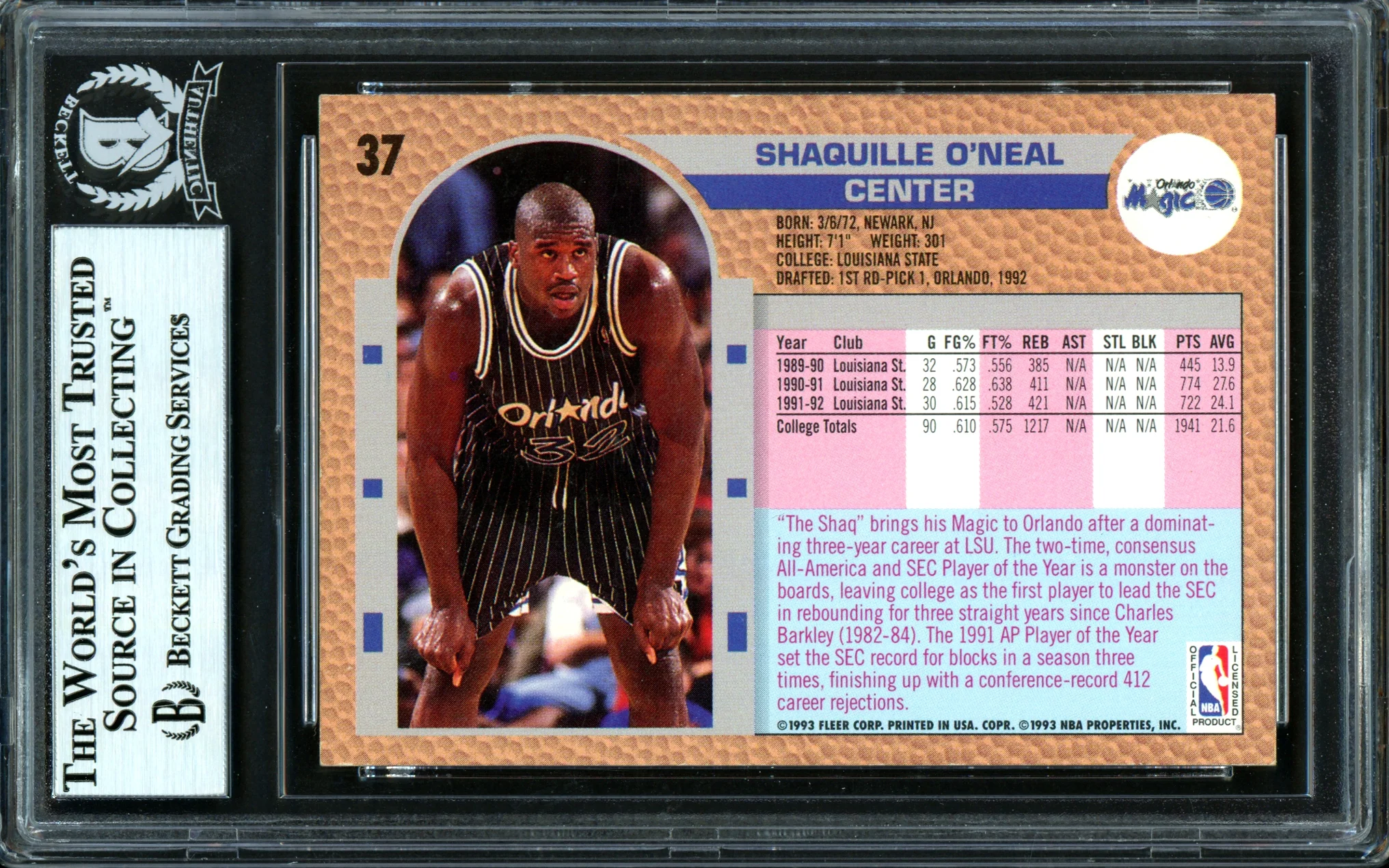 Shaquille Shaq O'Neal Autographed 1992-93 Fleer Drake's Rookie Card #37 Orlando Magic Beckett BAS #13446735 - Image 2