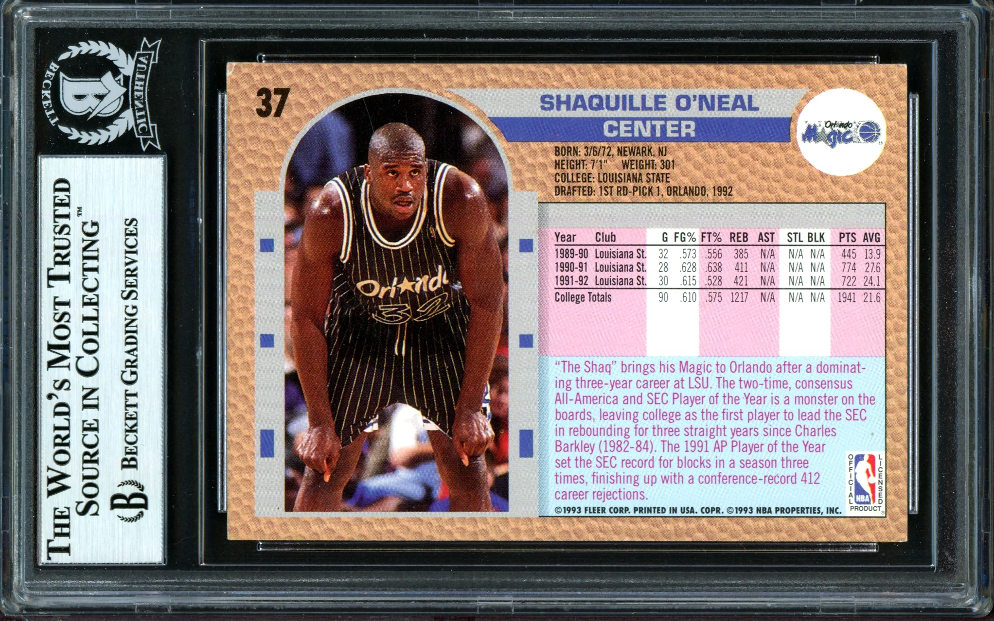 Shaquille Shaq O'Neal Autographed 1992-93 Fleer Drake's Rookie Card #37 Orlando Magic Beckett BAS #13446736 - Image 2
