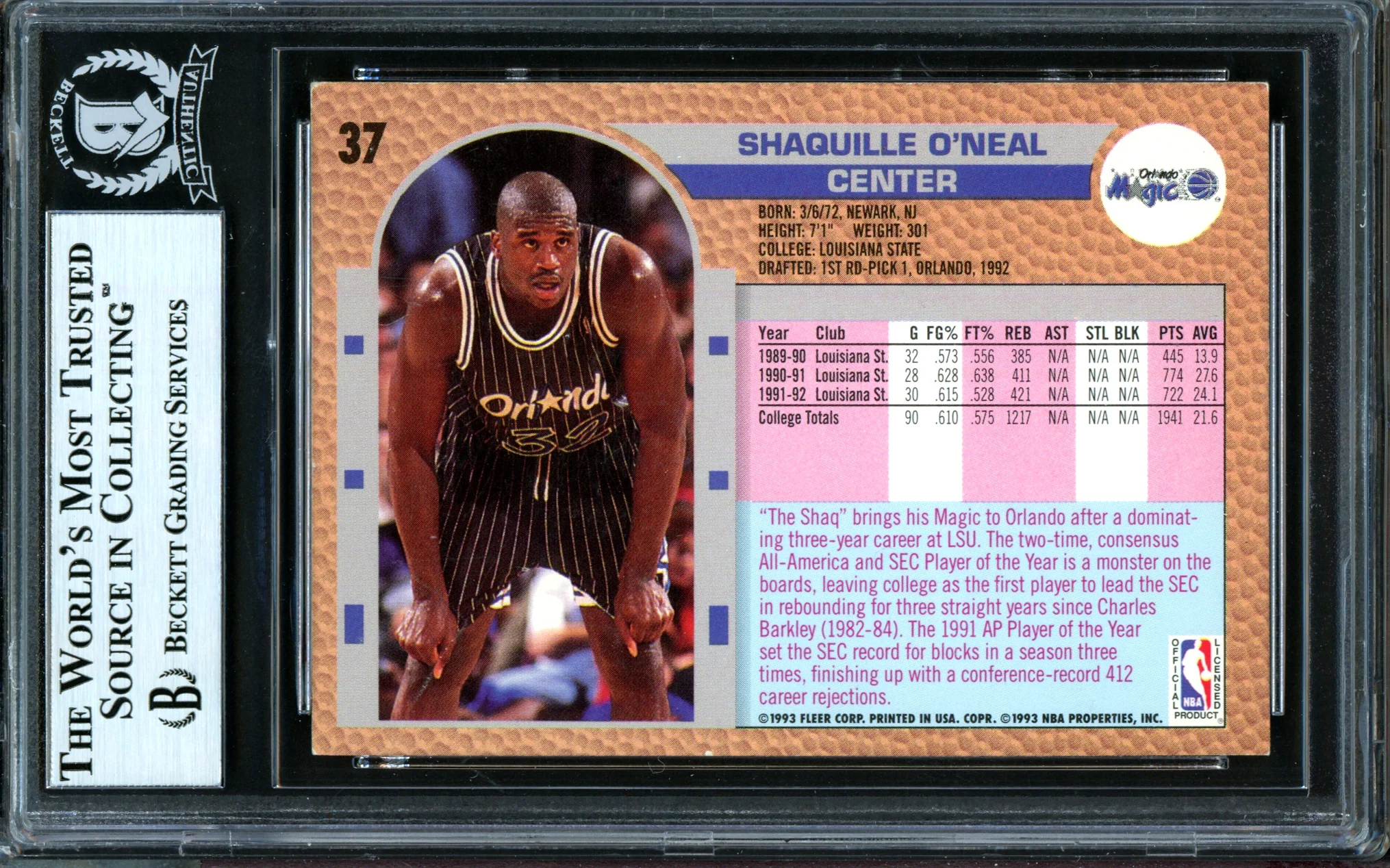 Shaquille Shaq O'Neal Autographed 1992-93 Fleer Drake's Rookie Card #37 Orlando Magic Beckett BAS #13446738 - Image 2