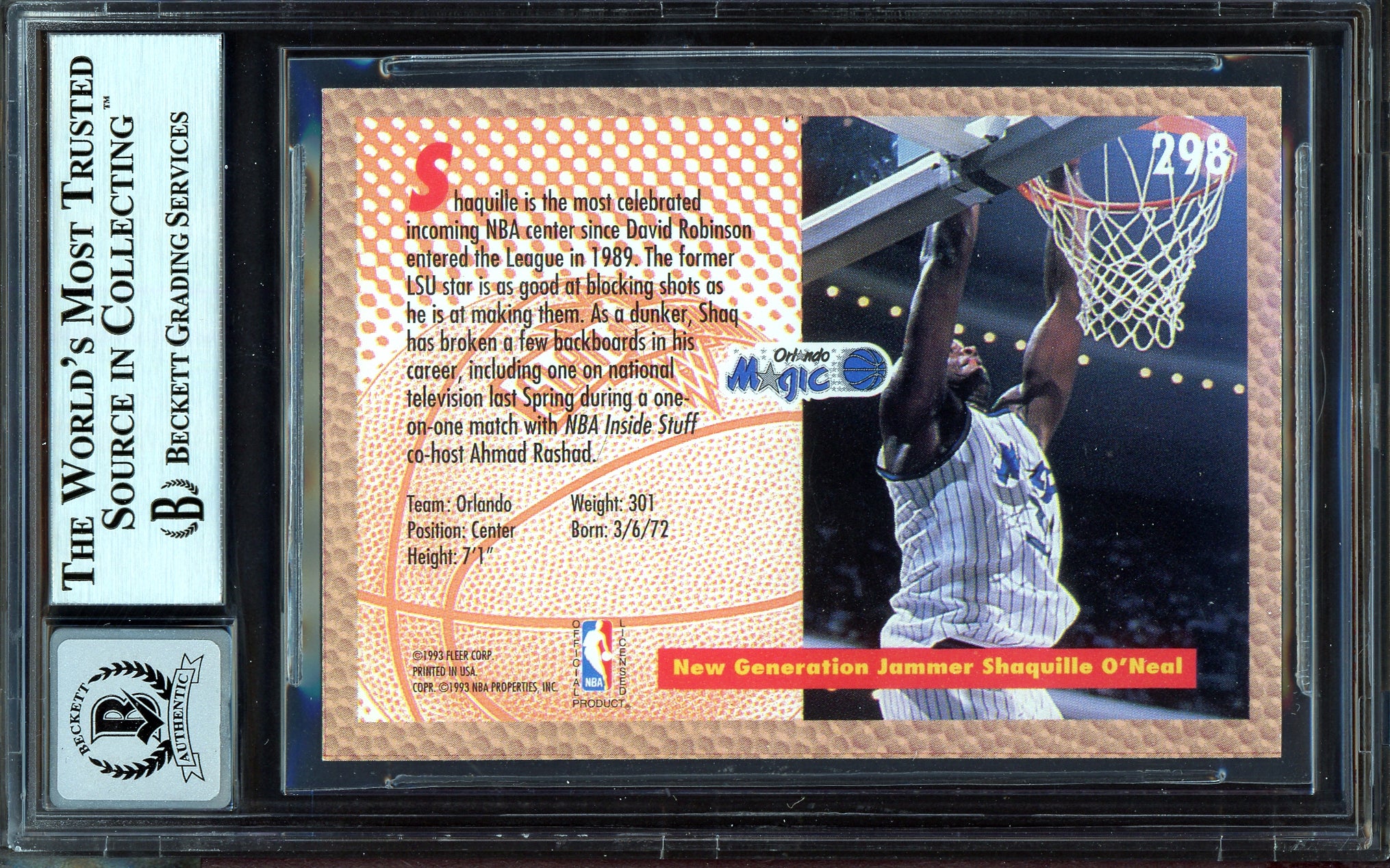 Shaquille Shaq O'Neal Autographed 1992-93 Fleer Rookie Card #298 Orlando Magic Beckett BAS #13314674 - Image 2