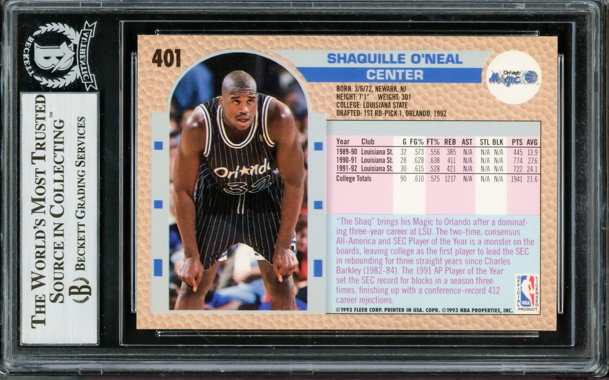 Shaquille Shaq O'Neal Autographed 1992-93 Fleer Rookie Card #401 Orlando Magic Thick Signature Beckett BAS Stock #211216 - Image 2
